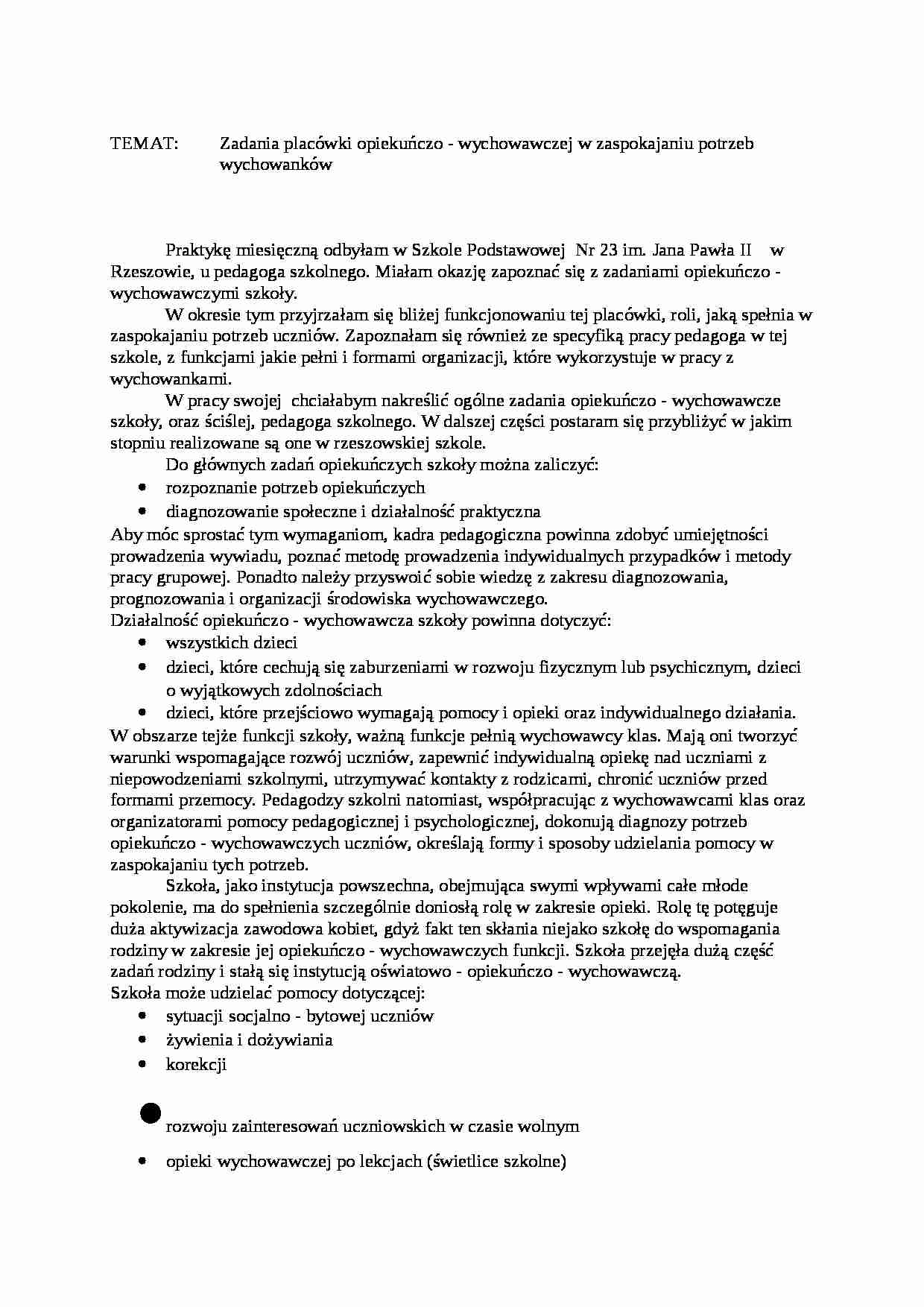 Zadania placówki opiekuńczo-wychowawczej w zaspokajaniu potrzeb wychowanków - strona 1