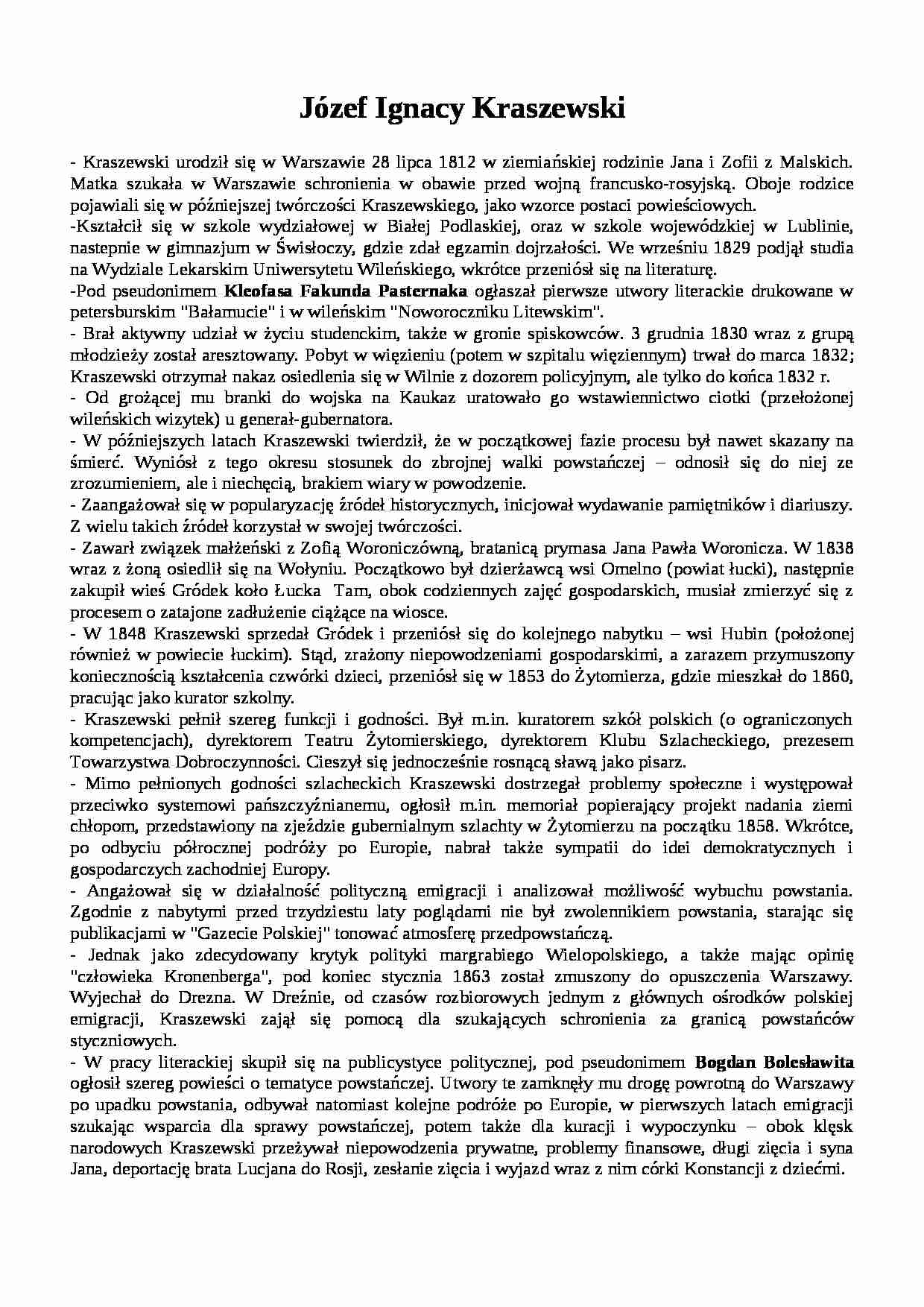 Józef Ignacy Kraszewski - życiorys - strona 1