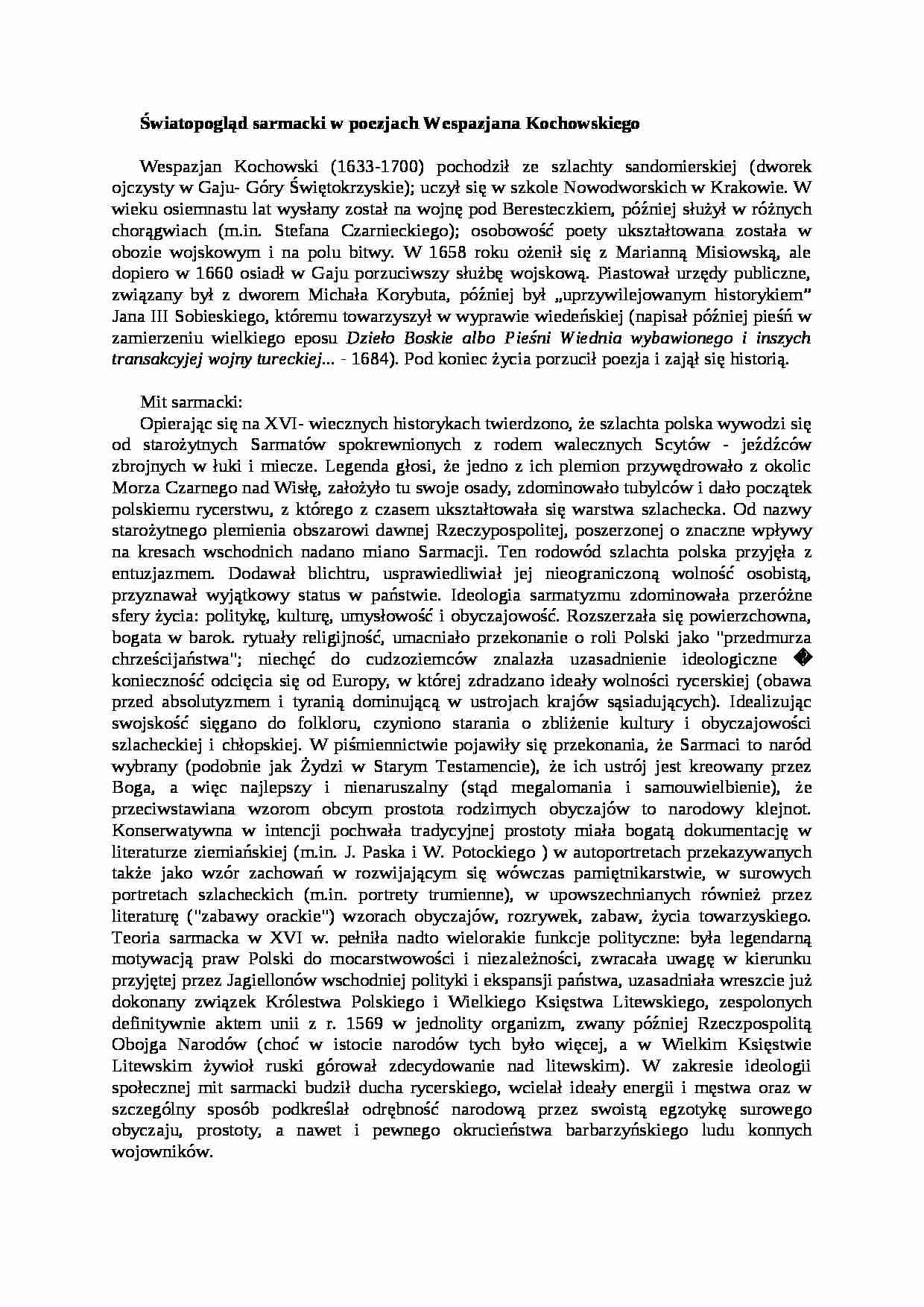 Światopogląd sarmacki w poezjach Wespazjana Kochowskiego - strona 1