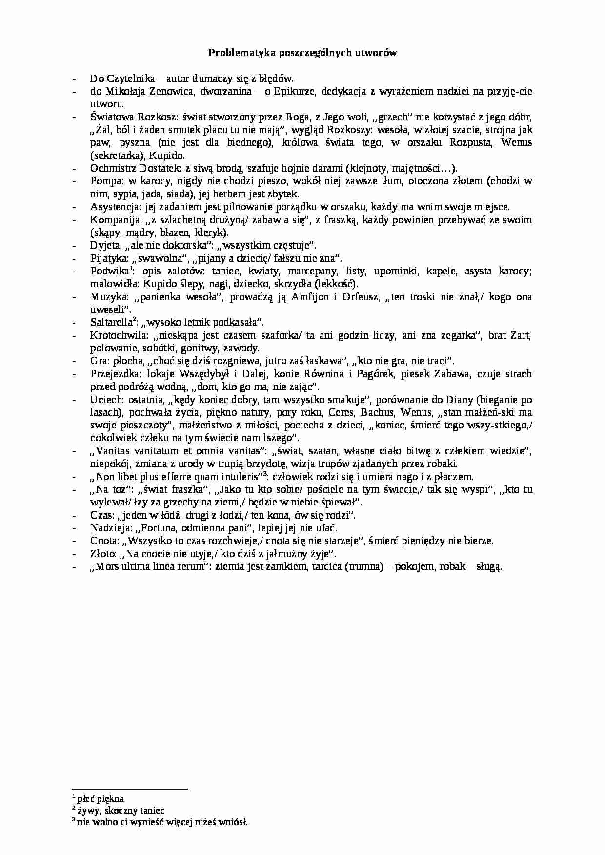 Hieronim Morsztyn - problematyka poszczególnych utworów - strona 1