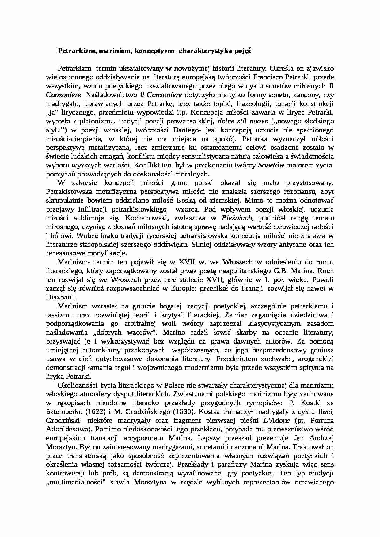 Petrarkizm, marinizm, konceptyzm - charakterystyka pojęć - strona 1