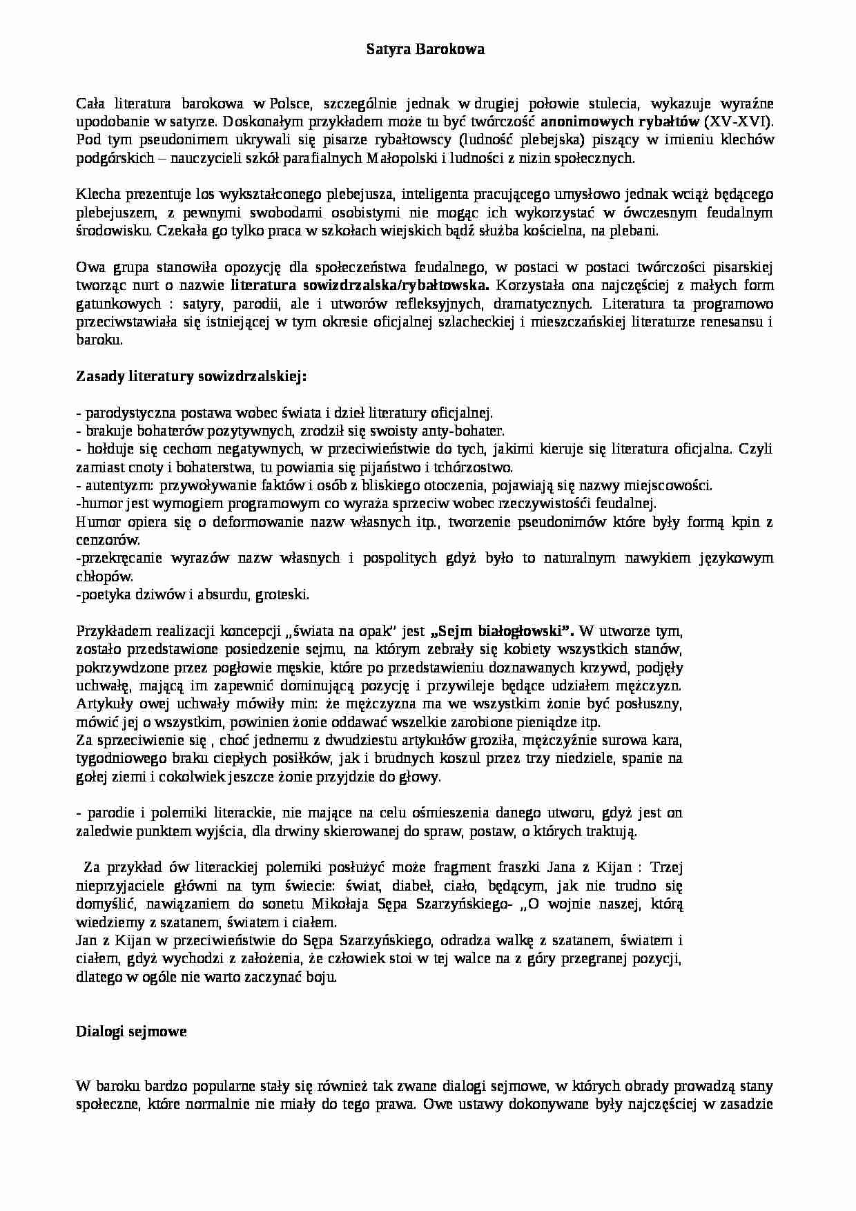 Satyra barokowa - opracowanie - strona 1