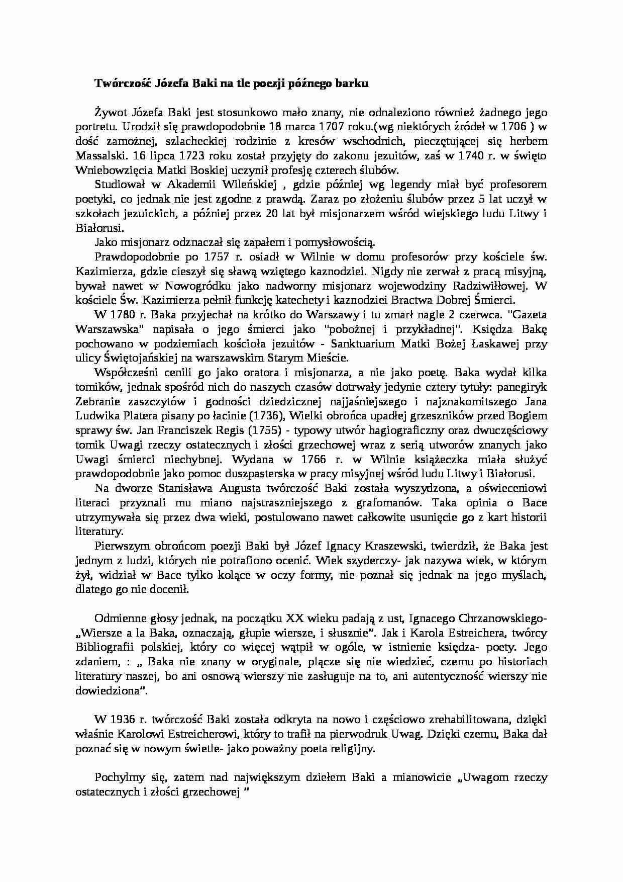 Twrczość Józefa Baki na tle poezji późnego baroku - strona 1