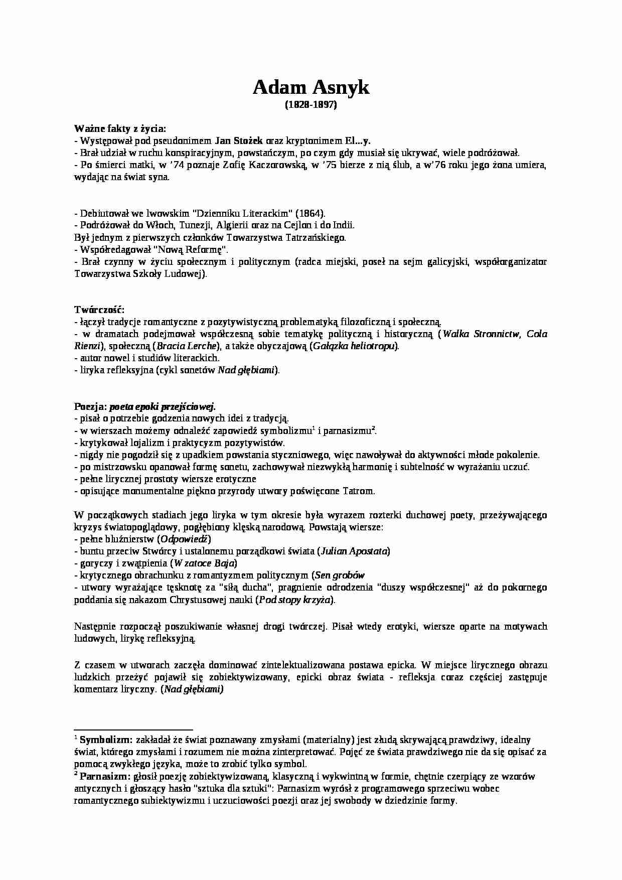 Adam Asnyk - fakty z życia - strona 1