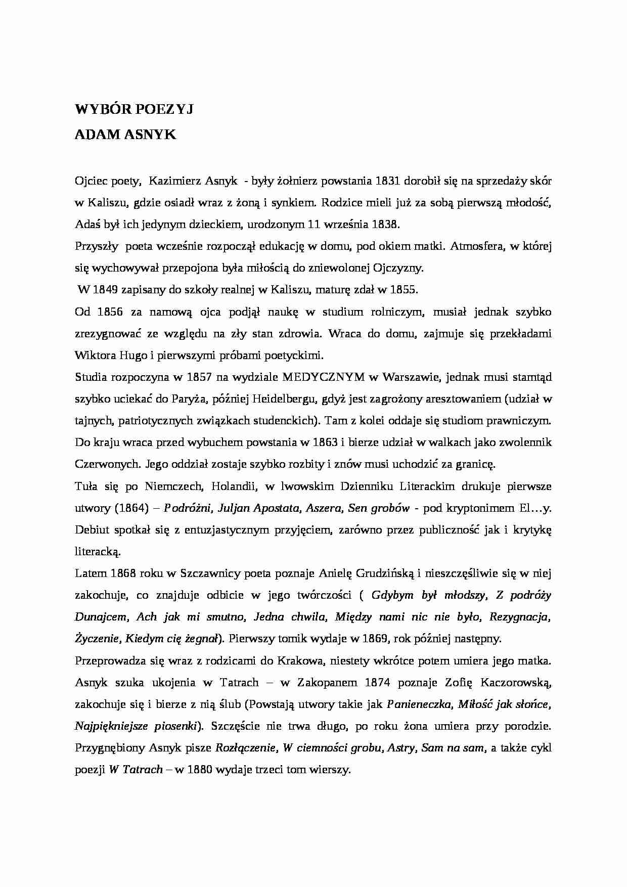 Pozytywizm - twrczość Adama Asnyka - strona 1