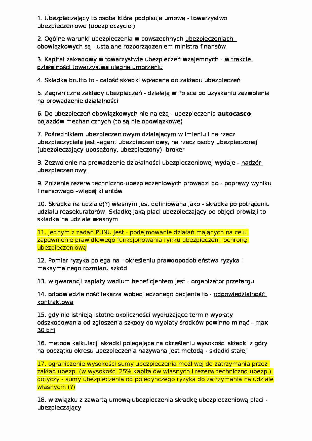 Pytania na egzamin - Umowa ubezpieczenia - strona 1