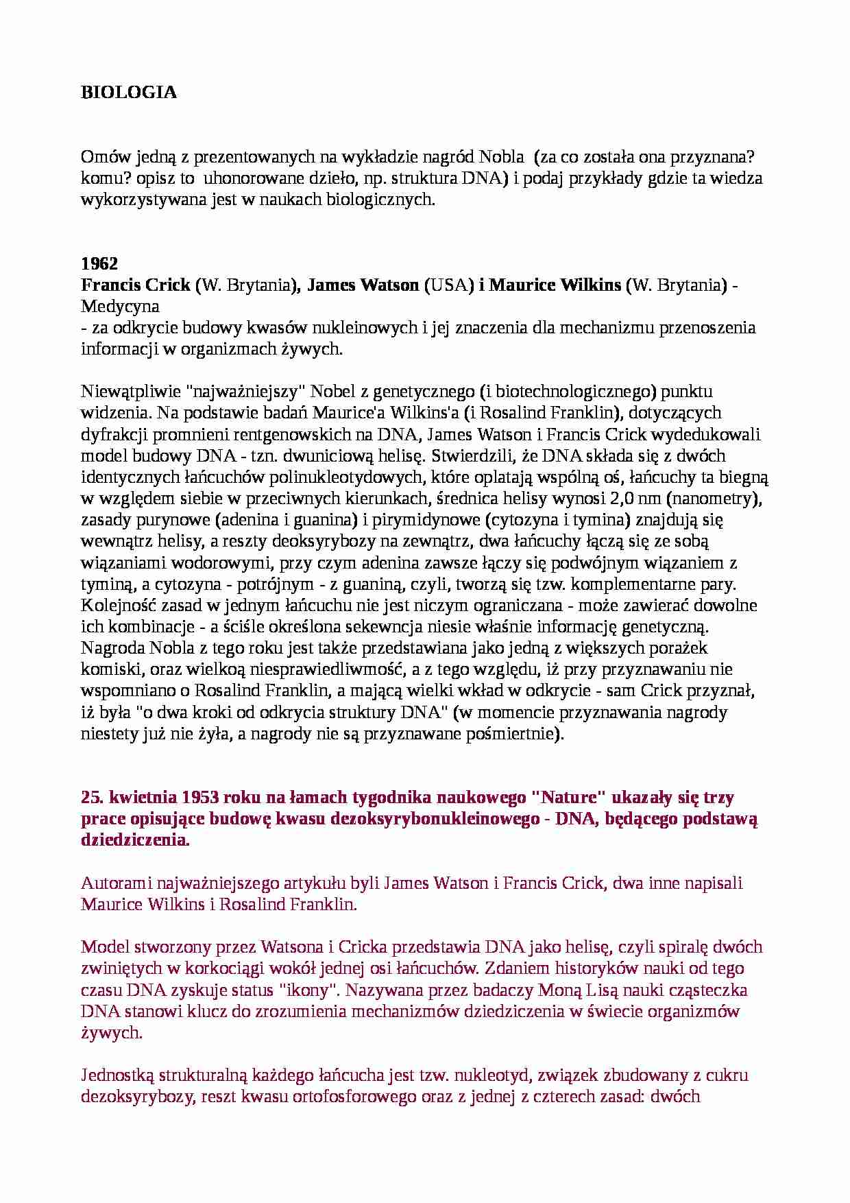 Francis Crick, James Watson, Maurice Wilkins - nagody Nobla  - strona 1