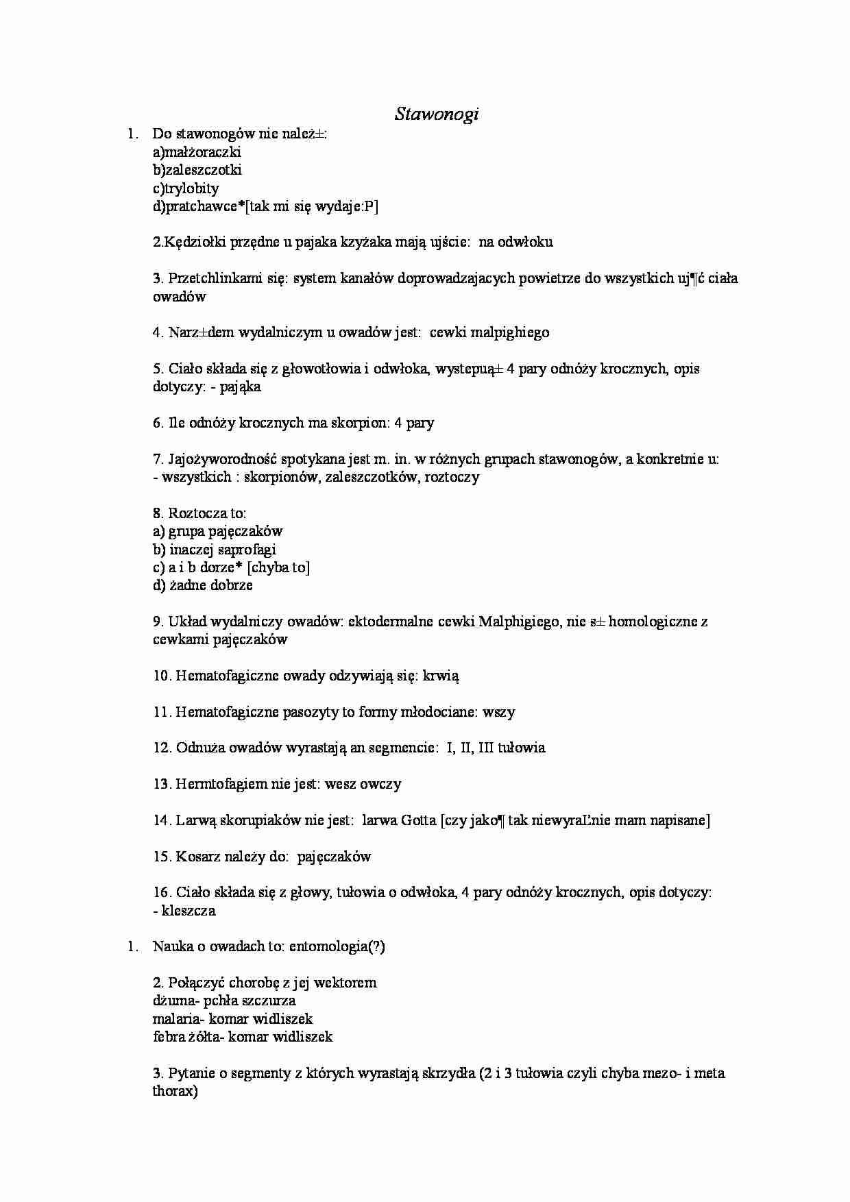 Stawonogi - pytania - strona 1