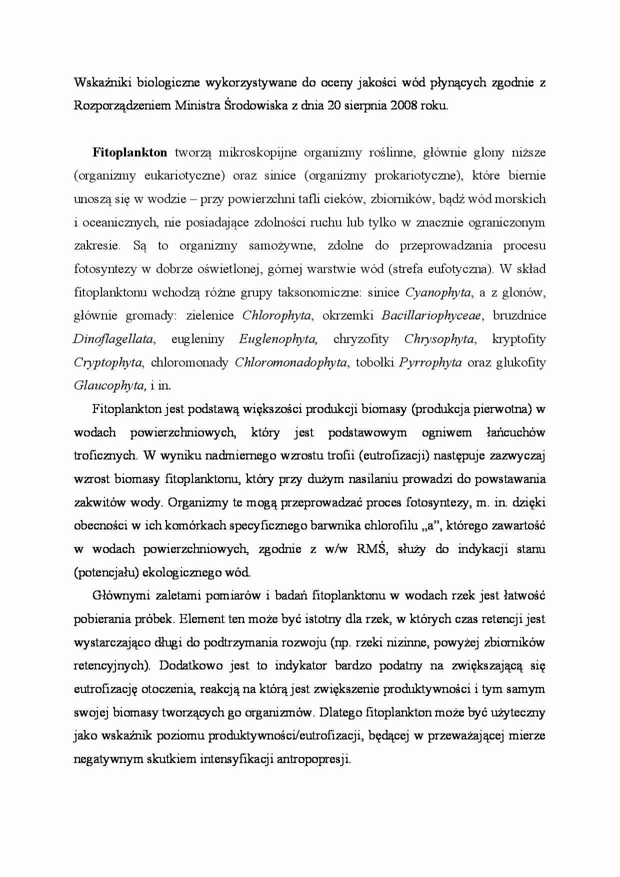 Wskaźniki biologiczne wykorzystywane do oceny jakości wód - strona 1
