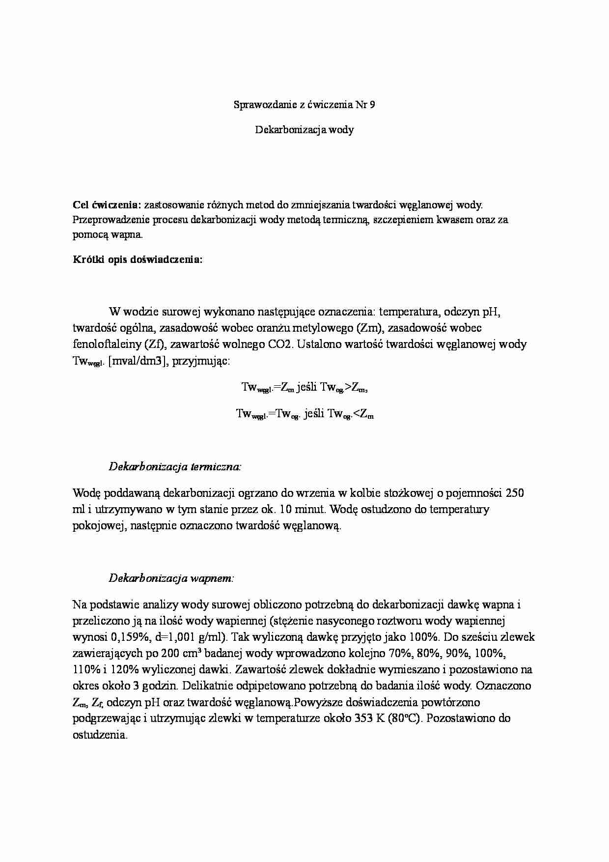 Sprawozdanie - dekarbonizacja wody - strona 1