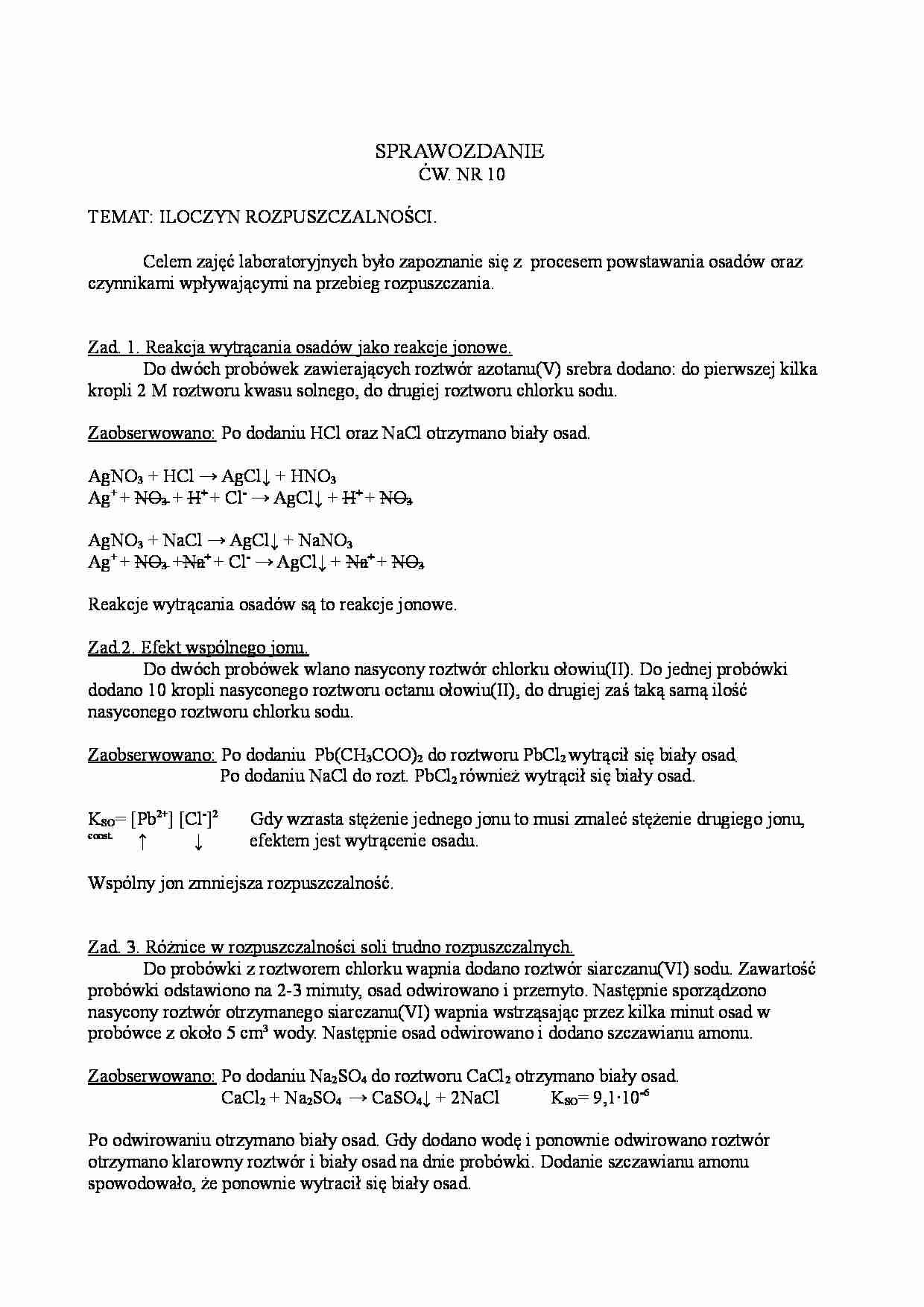 Iloczyn rozpuszczalności  - sprawozdanie - strona 1