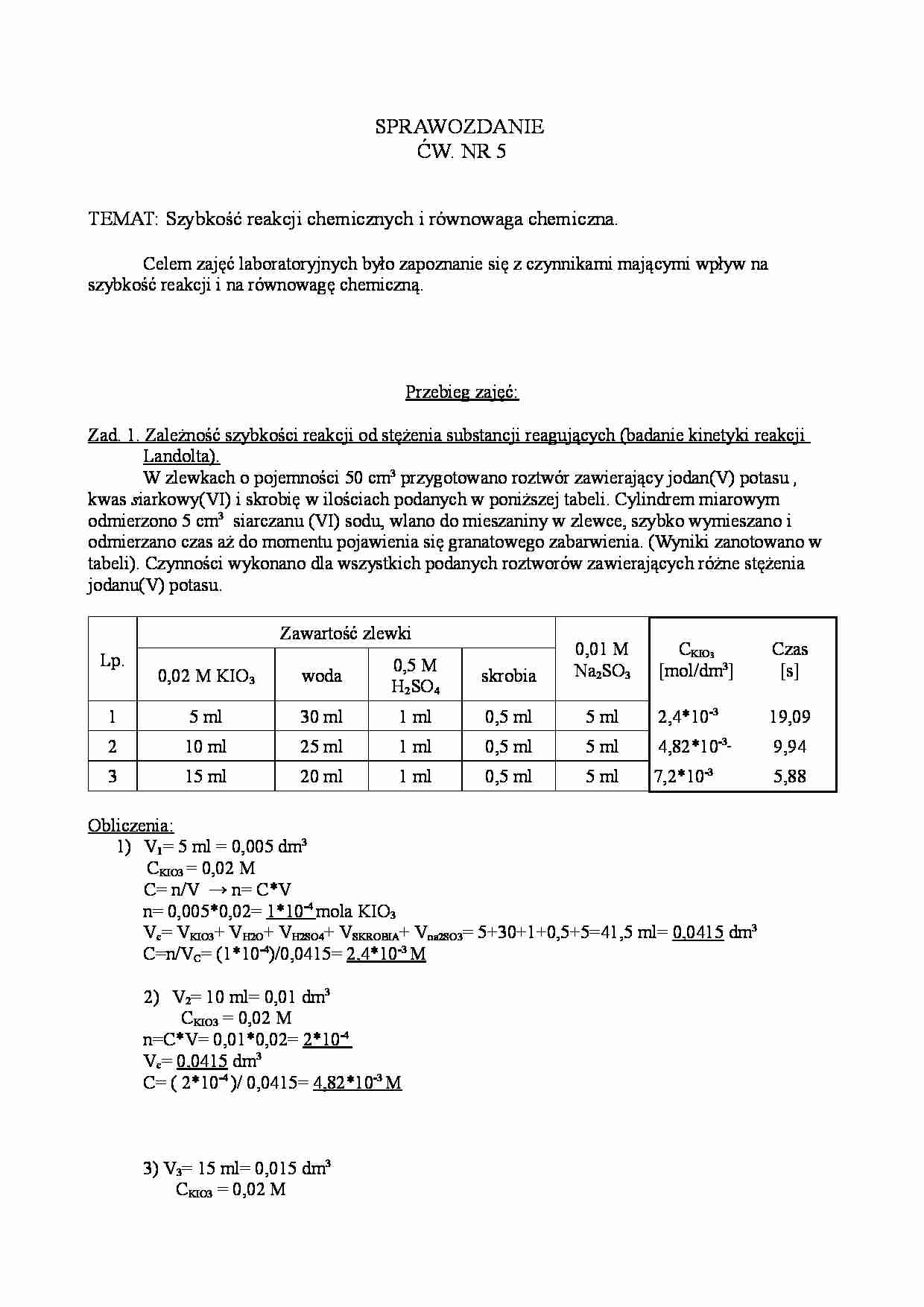 Szybkość reakcji chemicznych i równowaga chemiczna - sprawozdanie - strona 1