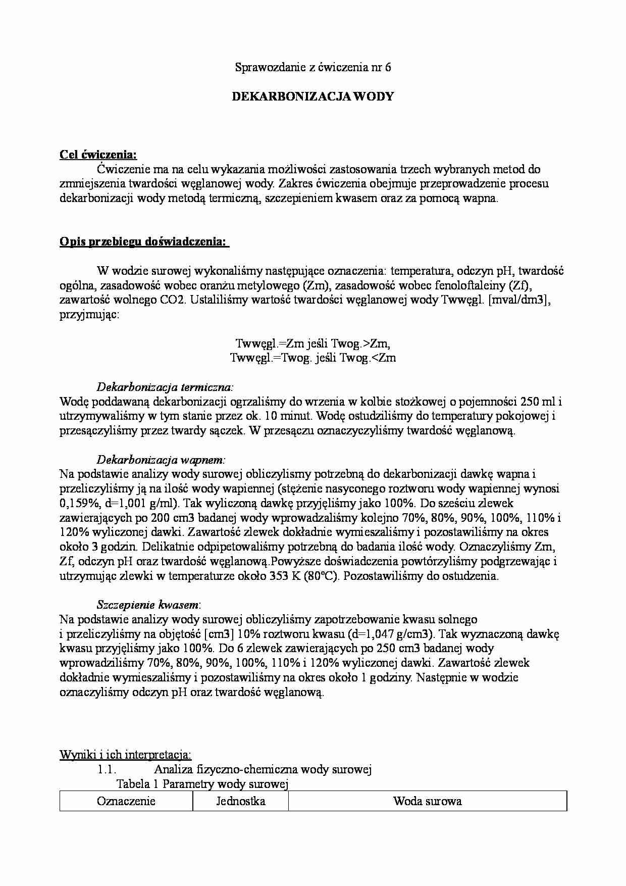 Dekarbonizacja wody - sprawozdanie - strona 1