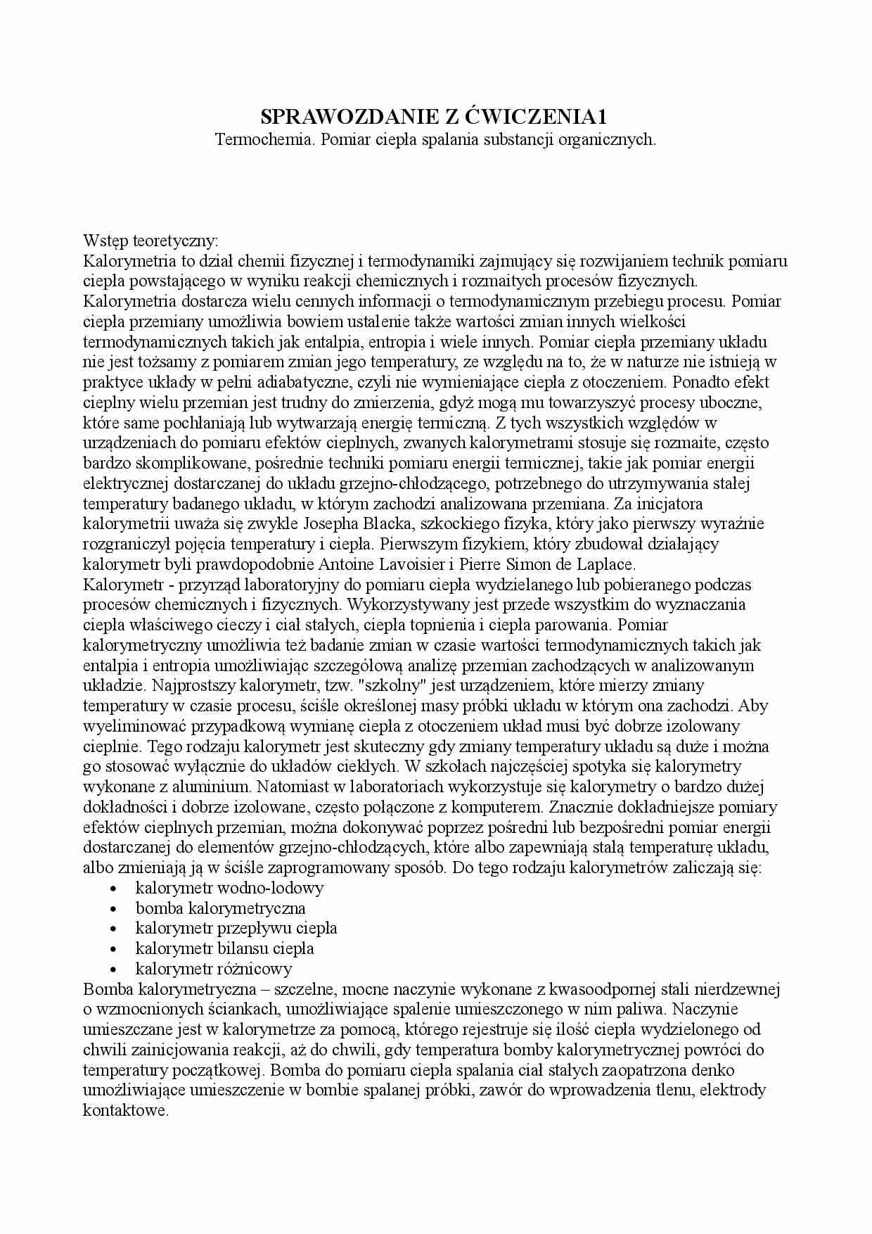 Termochemia-pomiar ciepła spalania substancji organicznych - strona 1