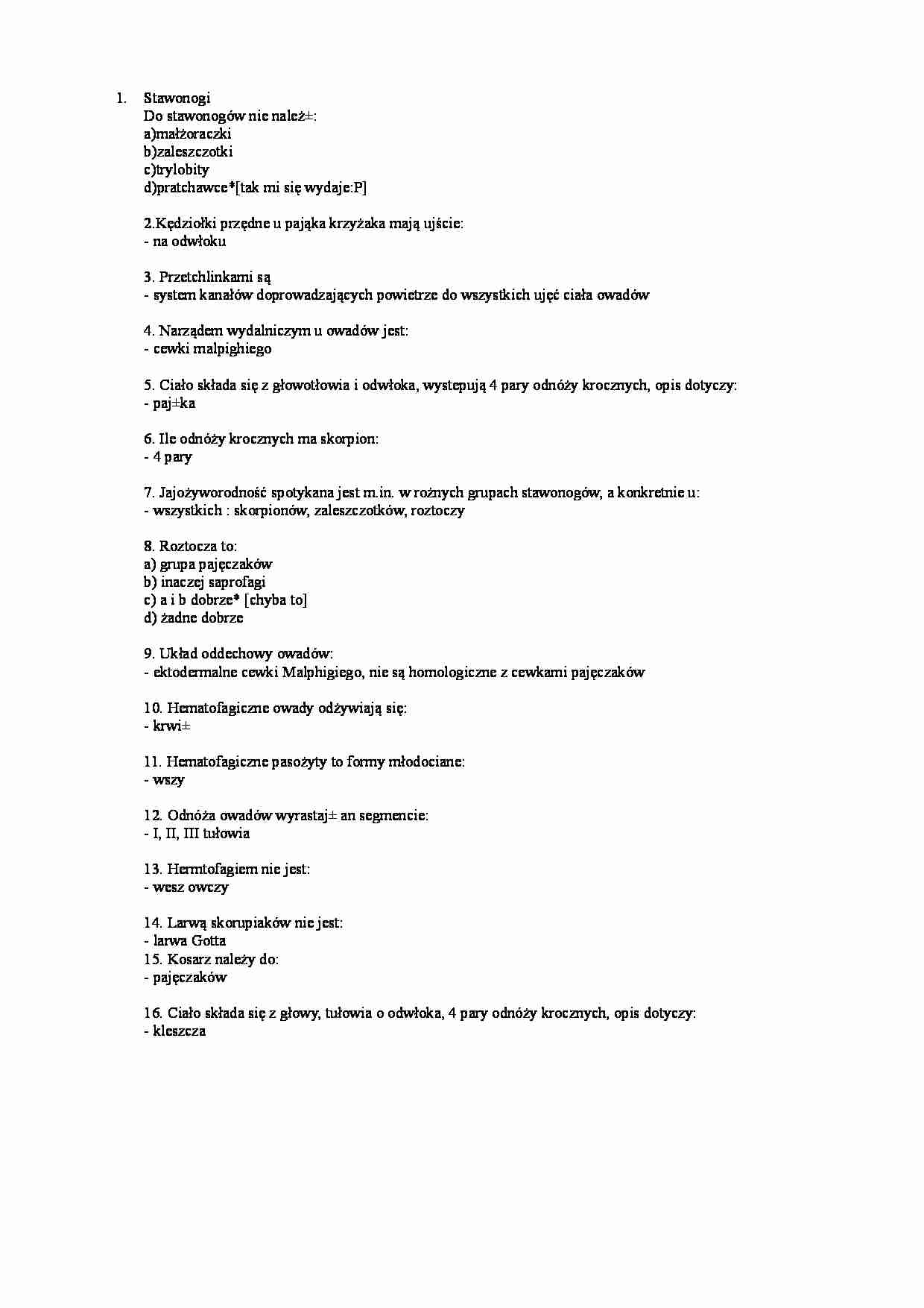 Biologia laboratorium - stawonogi - wejściówka - strona 1