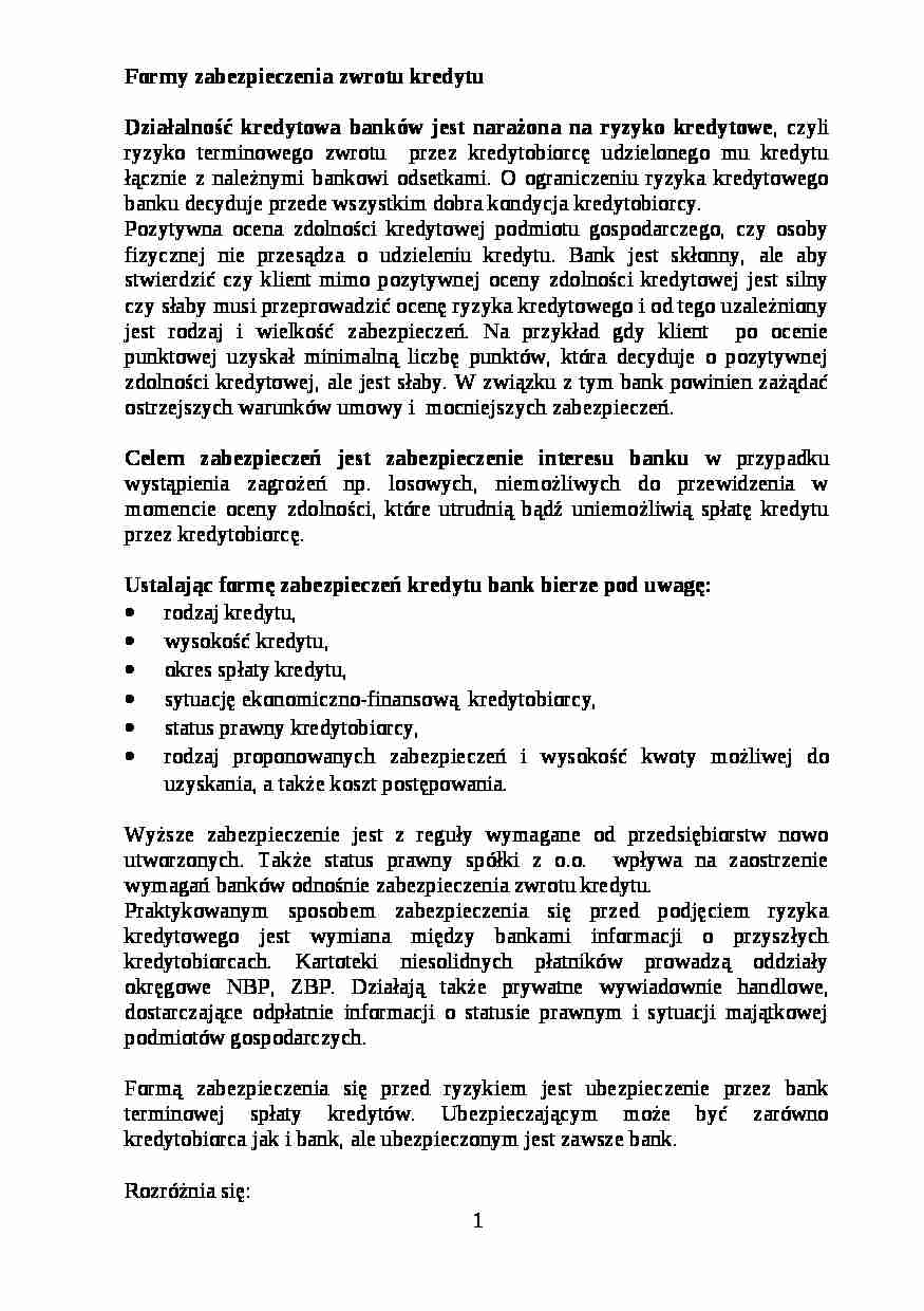 Formy zabezpieczenia zwrotu kredytu - Zabezpieczenie prawne zwrotności kredytu - strona 1