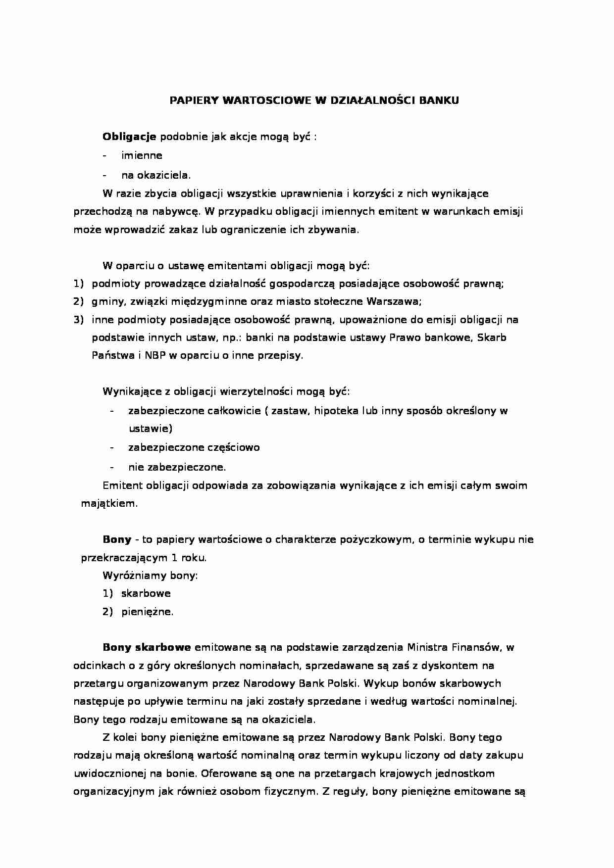 Papiery wartościowe w działalności banków - Obligacje - strona 1
