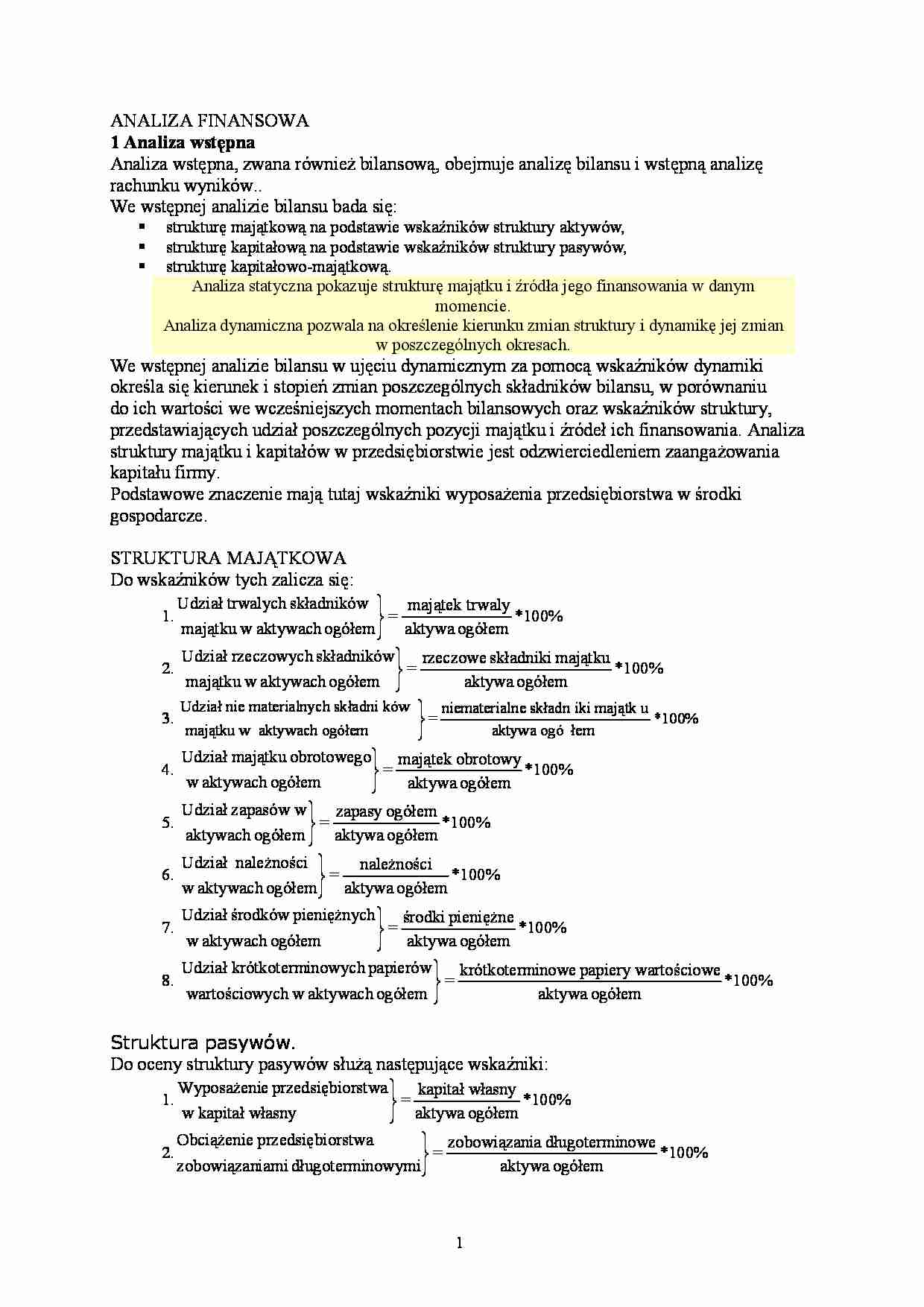 Finanse przedsiębiorstwa - analaliza finansowa - strona 1