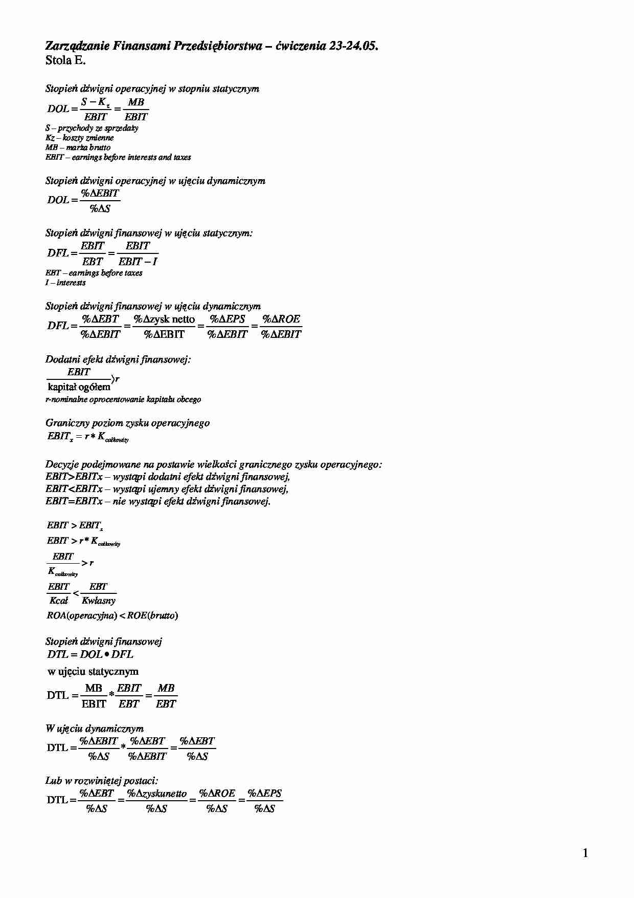 Zarządzanie Finansami Przedsiębiorstwa – ćwiczenia - strona 1