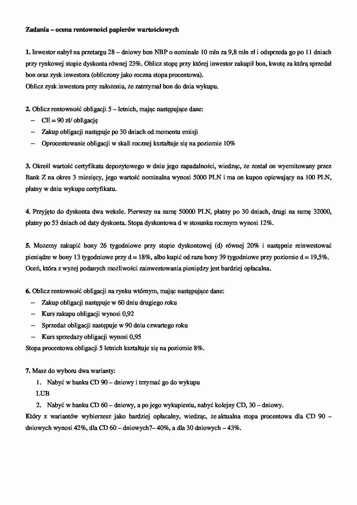 Ocena rentowności papierów wartościowych - zadania  - strona 1