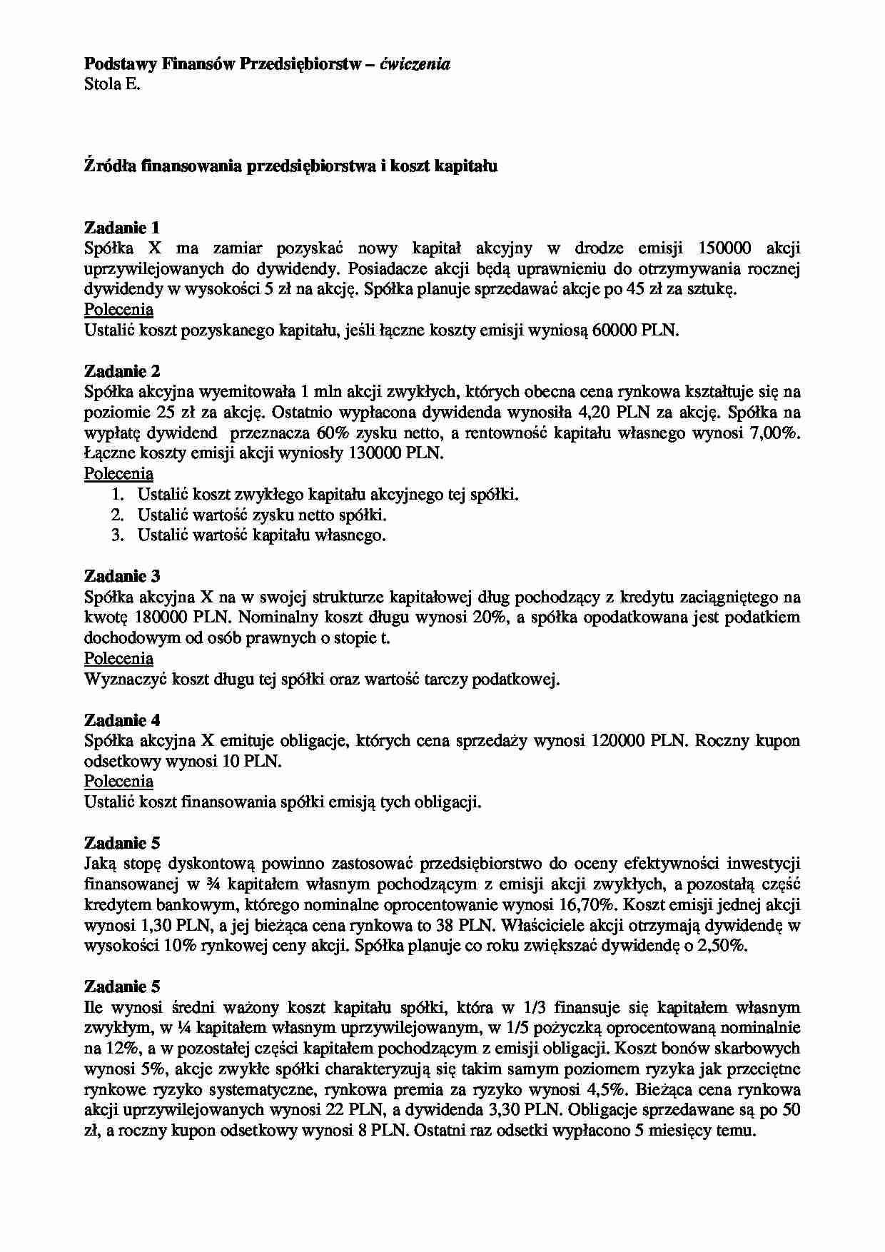 Podstawy finansów przedsiębiorstw – ćwiczenia  - strona 1