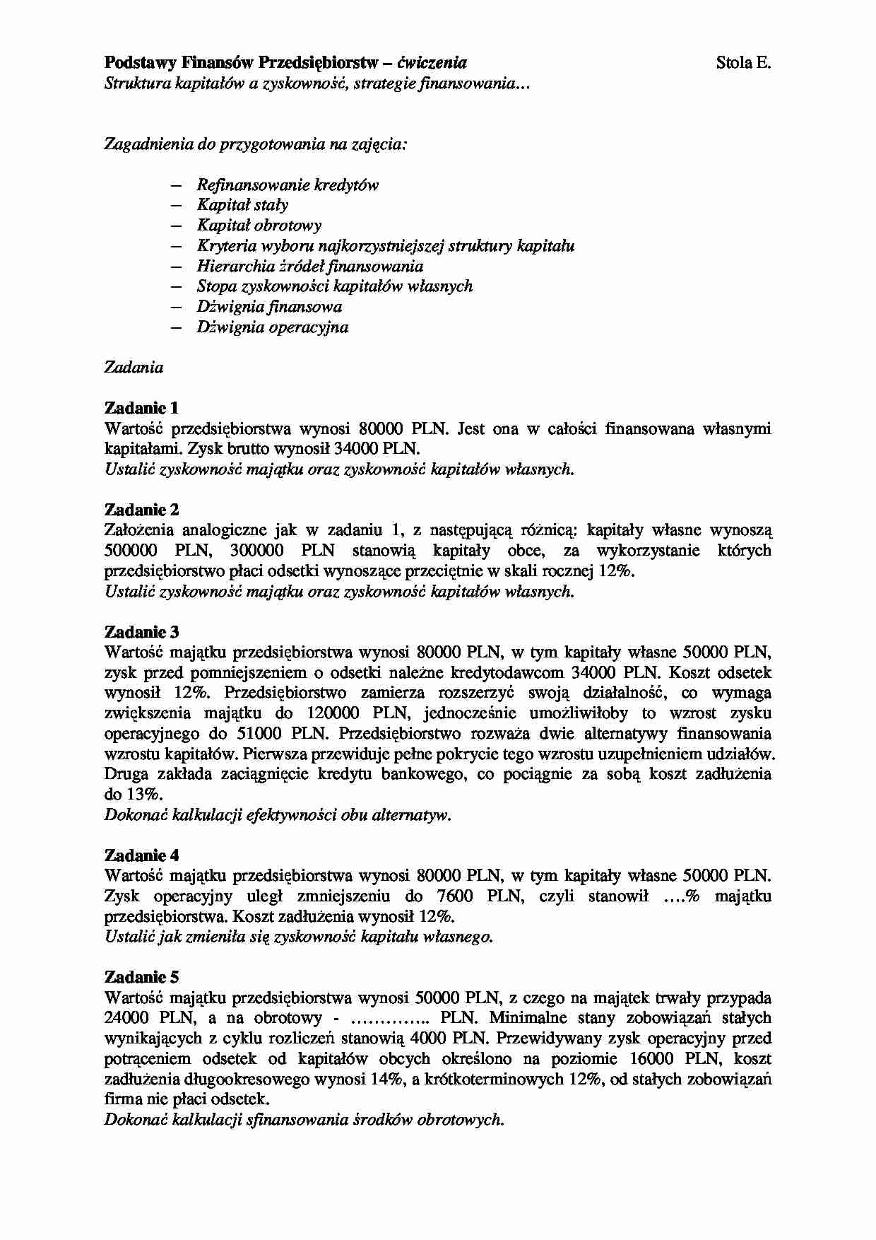 Podstawy Finansów Przedsiębiorstw – ćwiczenia  - strona 1