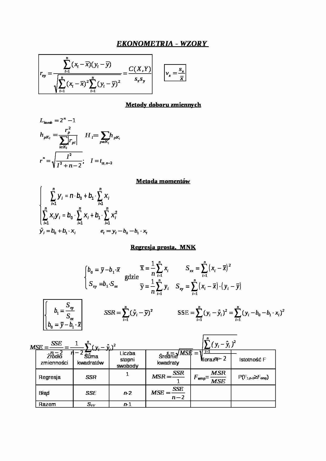 Ekonometria - wzory -   Metody doboru zmiennych - strona 1