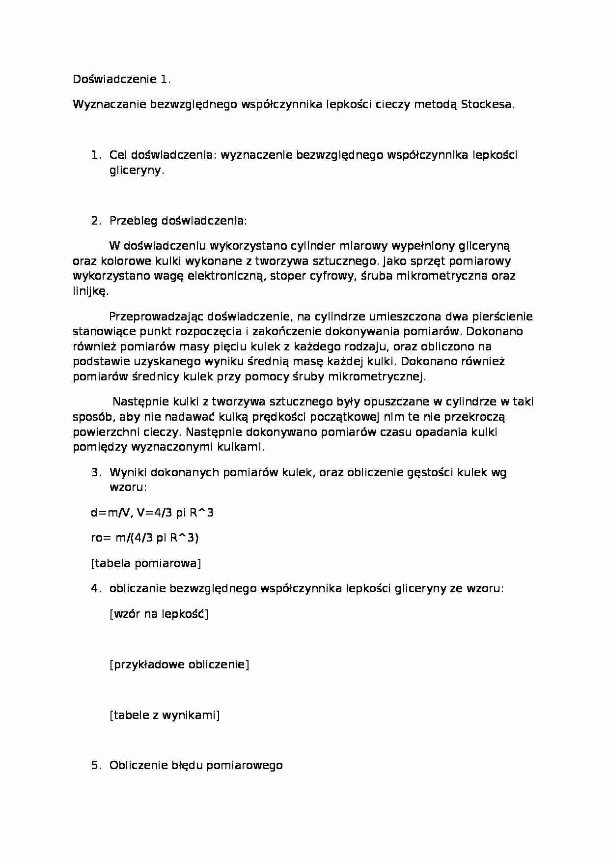 Wyznaczanie bezwzględnego współczynnika lepkości cieczy - strona 1