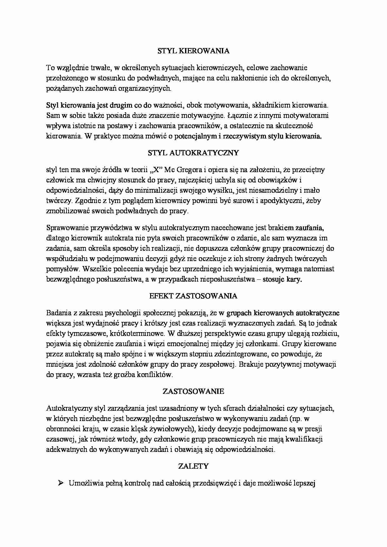 Styl autokratyczny - opracowanie - strona 1