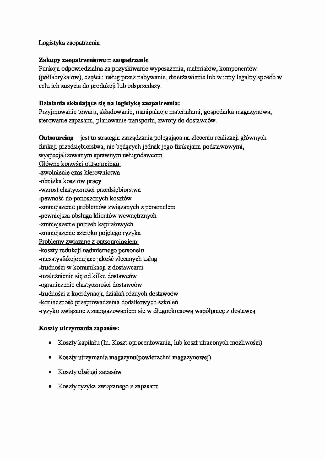 Logistyka zaopatrzenia - opracowanie - strona 1