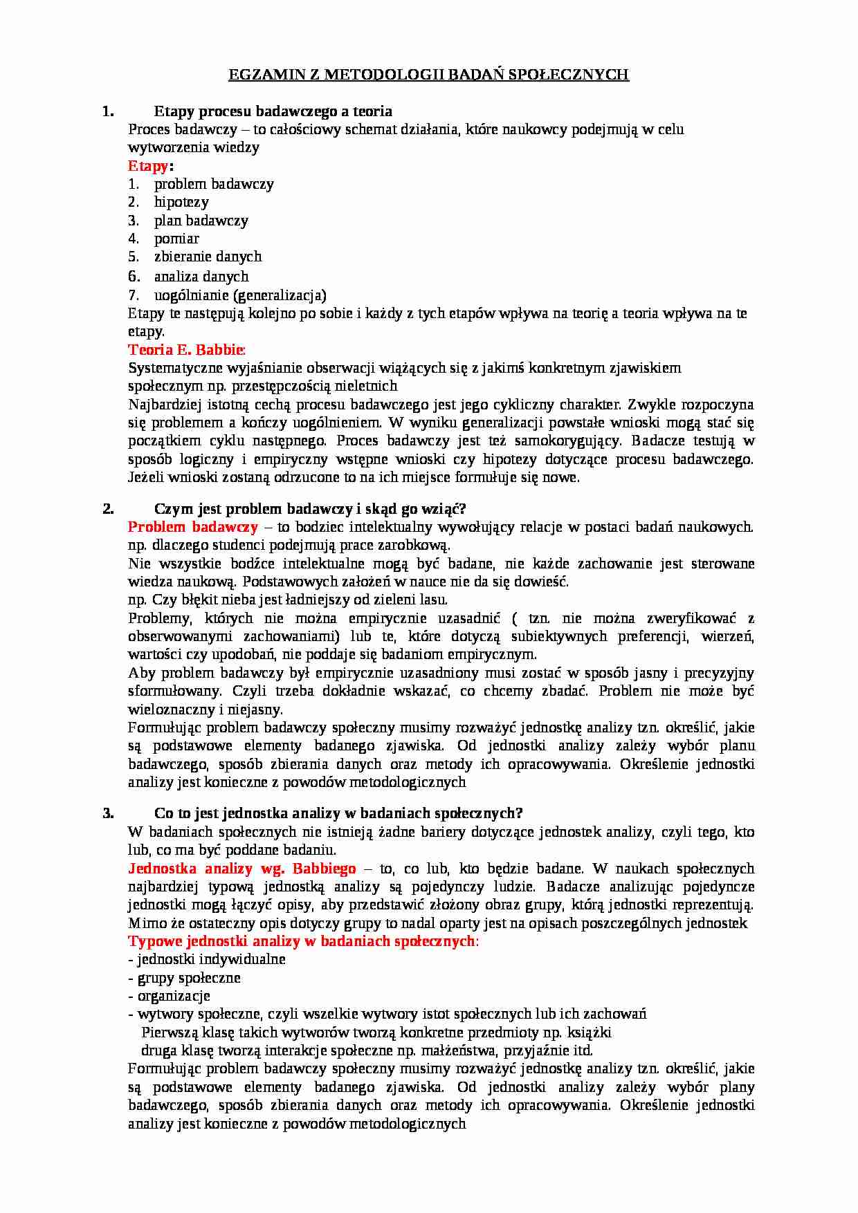Metodologia badanń społecznych - opracowanie zagadnień - strona 1