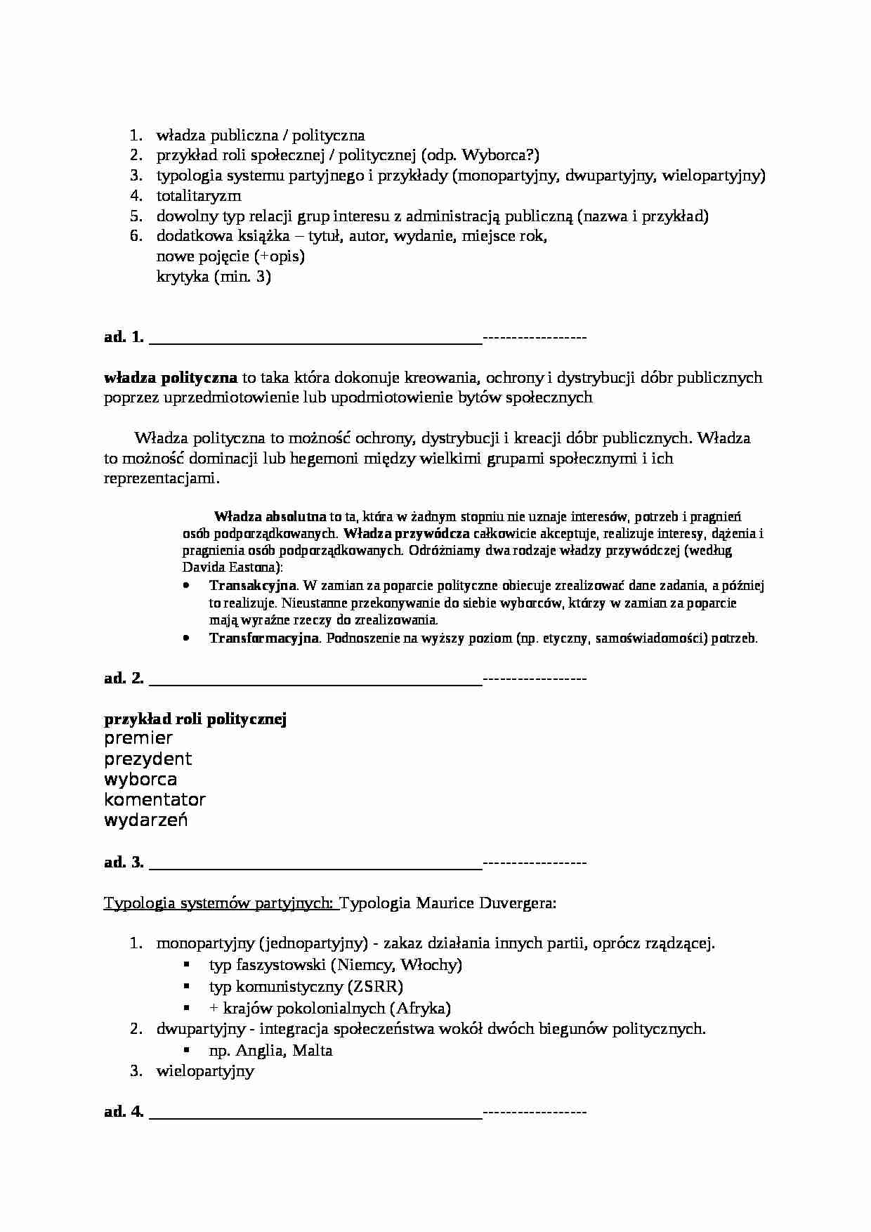 Teoria polityki - zagadnienia egzaminacyjne  - strona 1