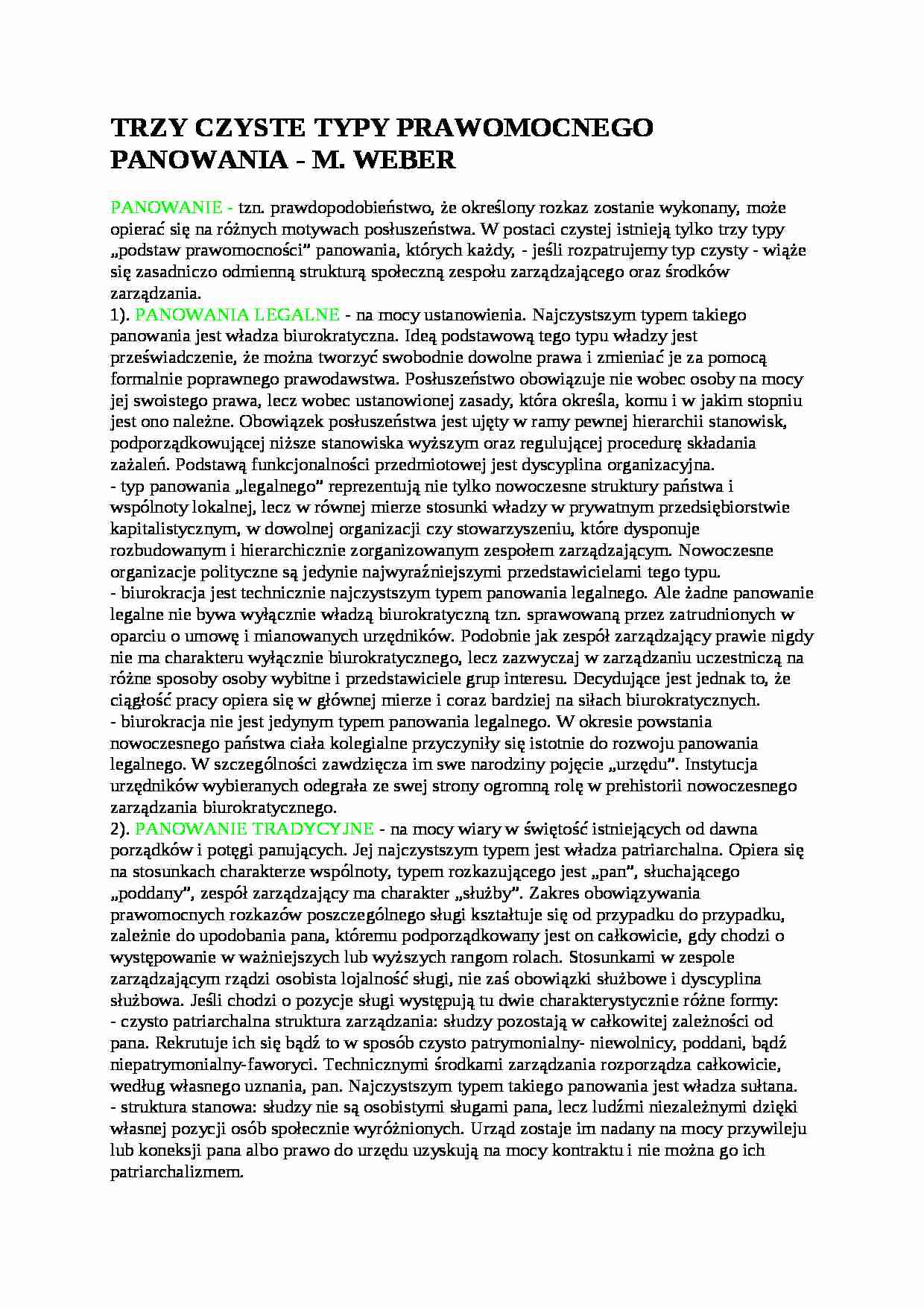 Trzy czyste typy prawomocnego panowania - opracowanie - strona 1