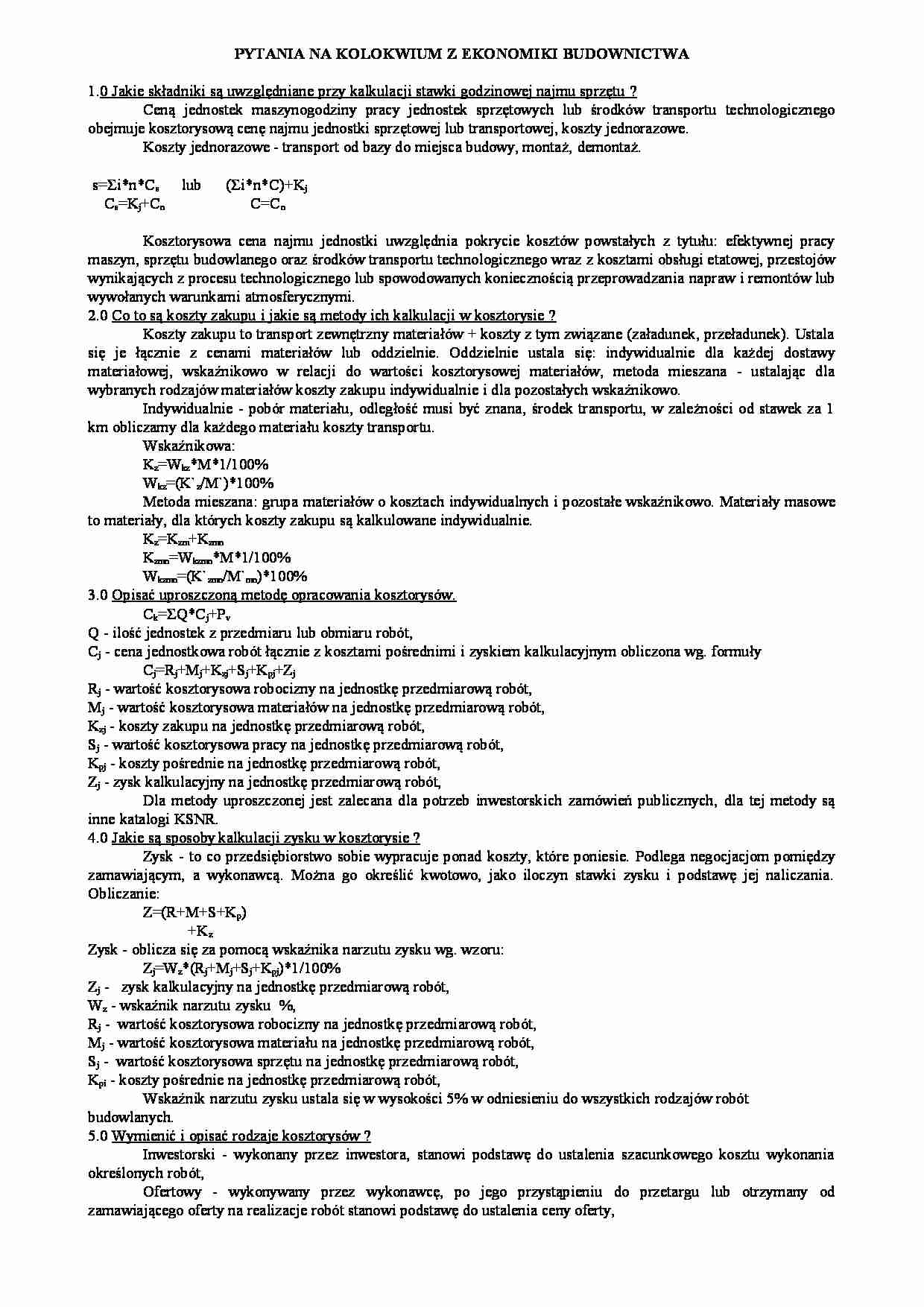 Ekonomika budownictwa - kolokwium  - strona 1