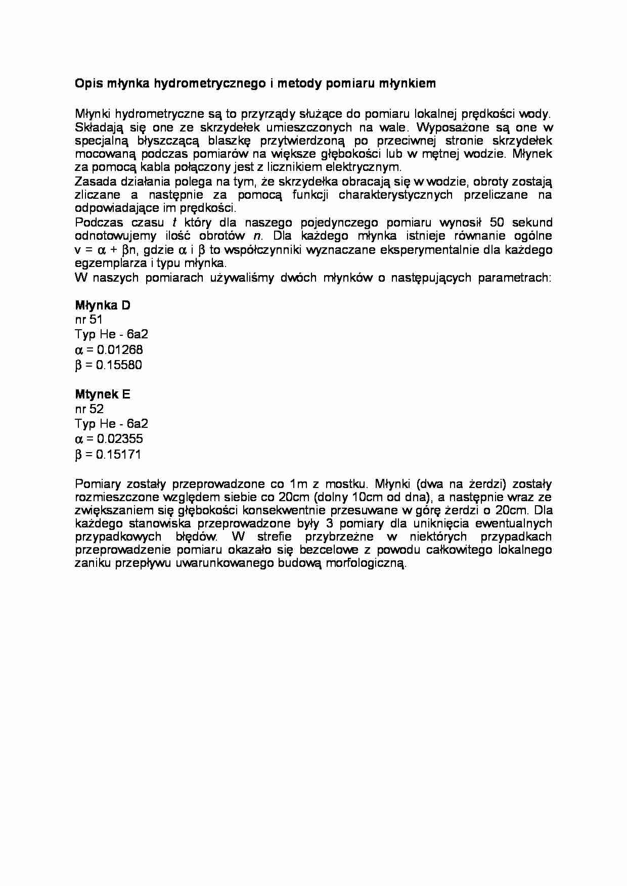 Opis młynka hydrometrycznego i metody pomiaru - strona 1