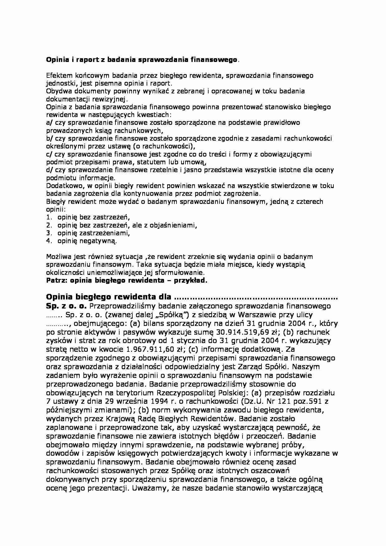 Opinia i raport z badania sprawozdania finansowego - strona 1
