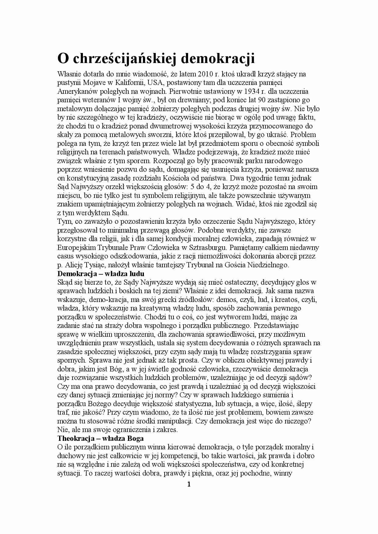 O chrześcijańskiej demokracji - opracowanie - strona 1