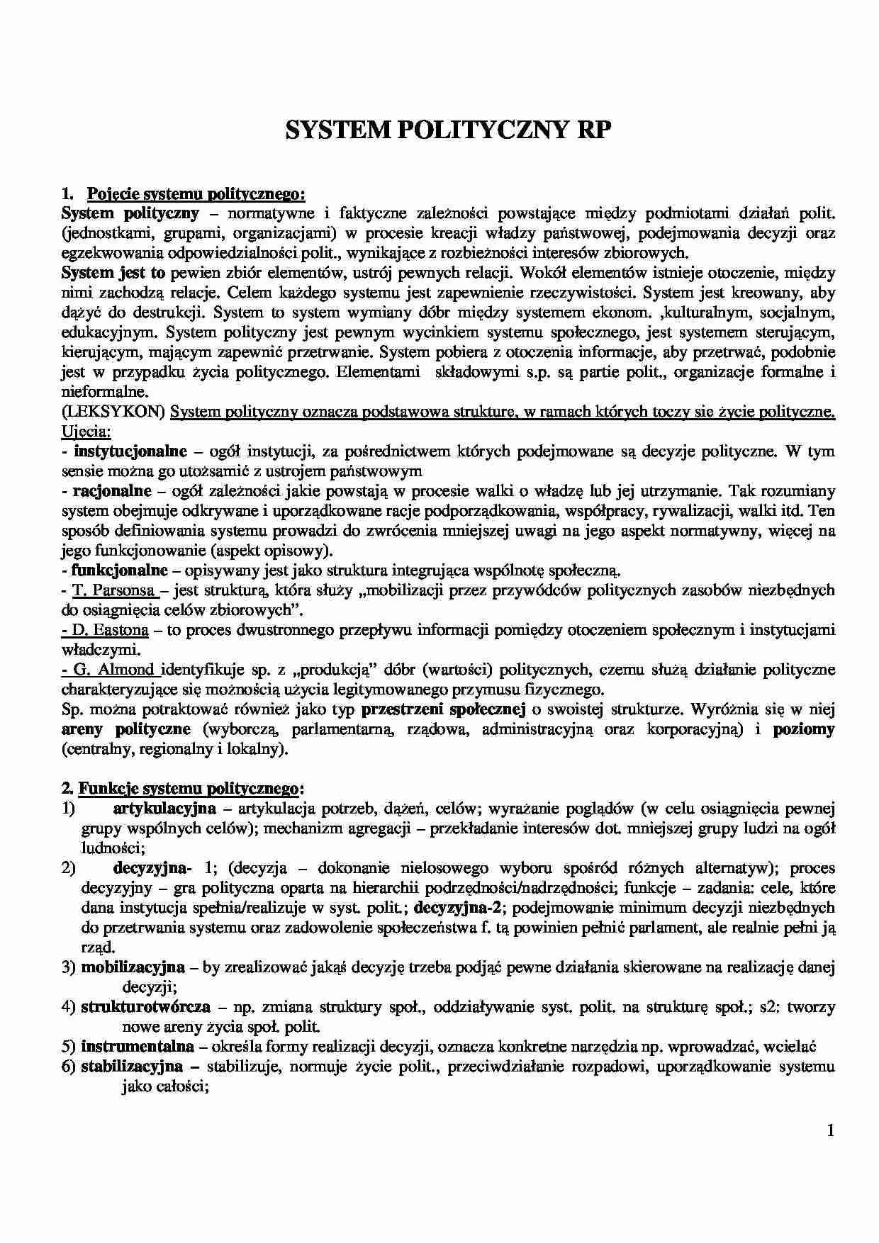 System polityczny RP - opracowanie zagadnień - strona 1