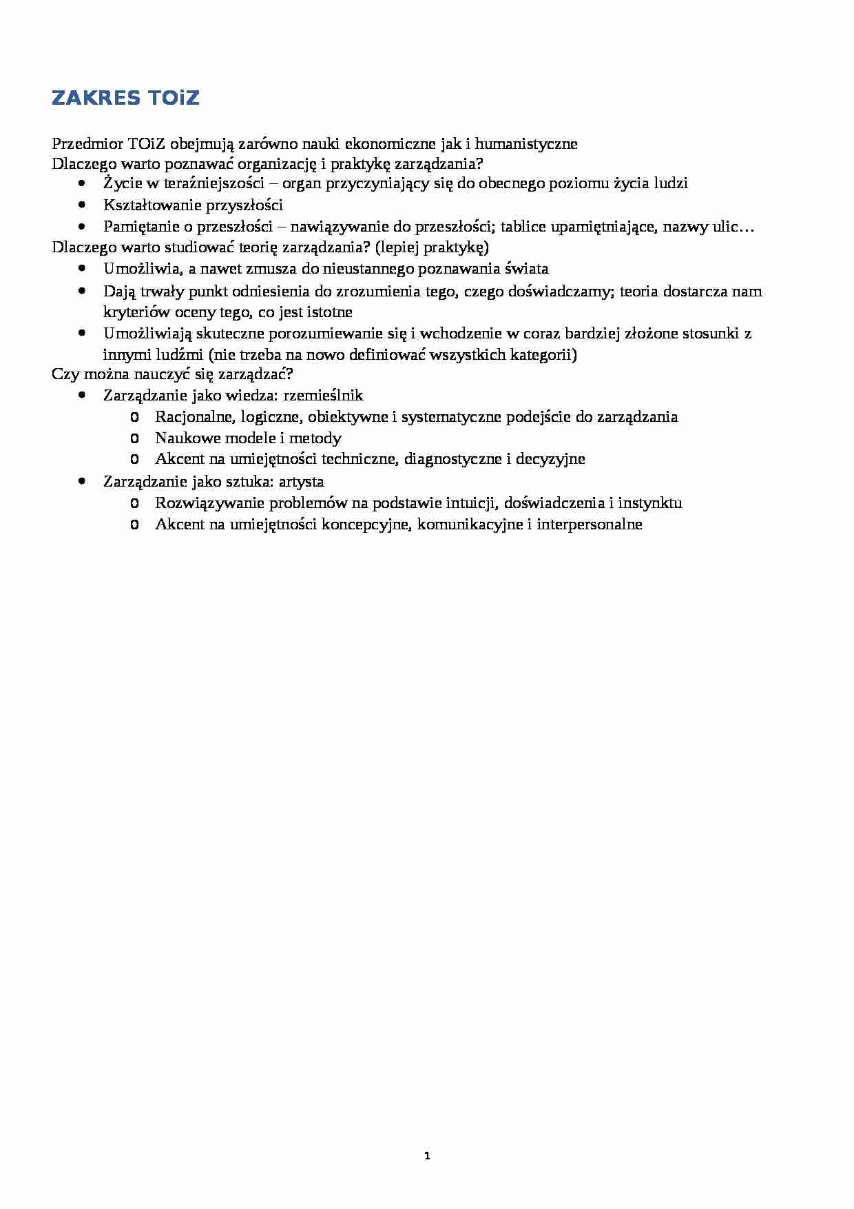 Teoria organizacji i zarądzania - zakres wykładów - strona 1