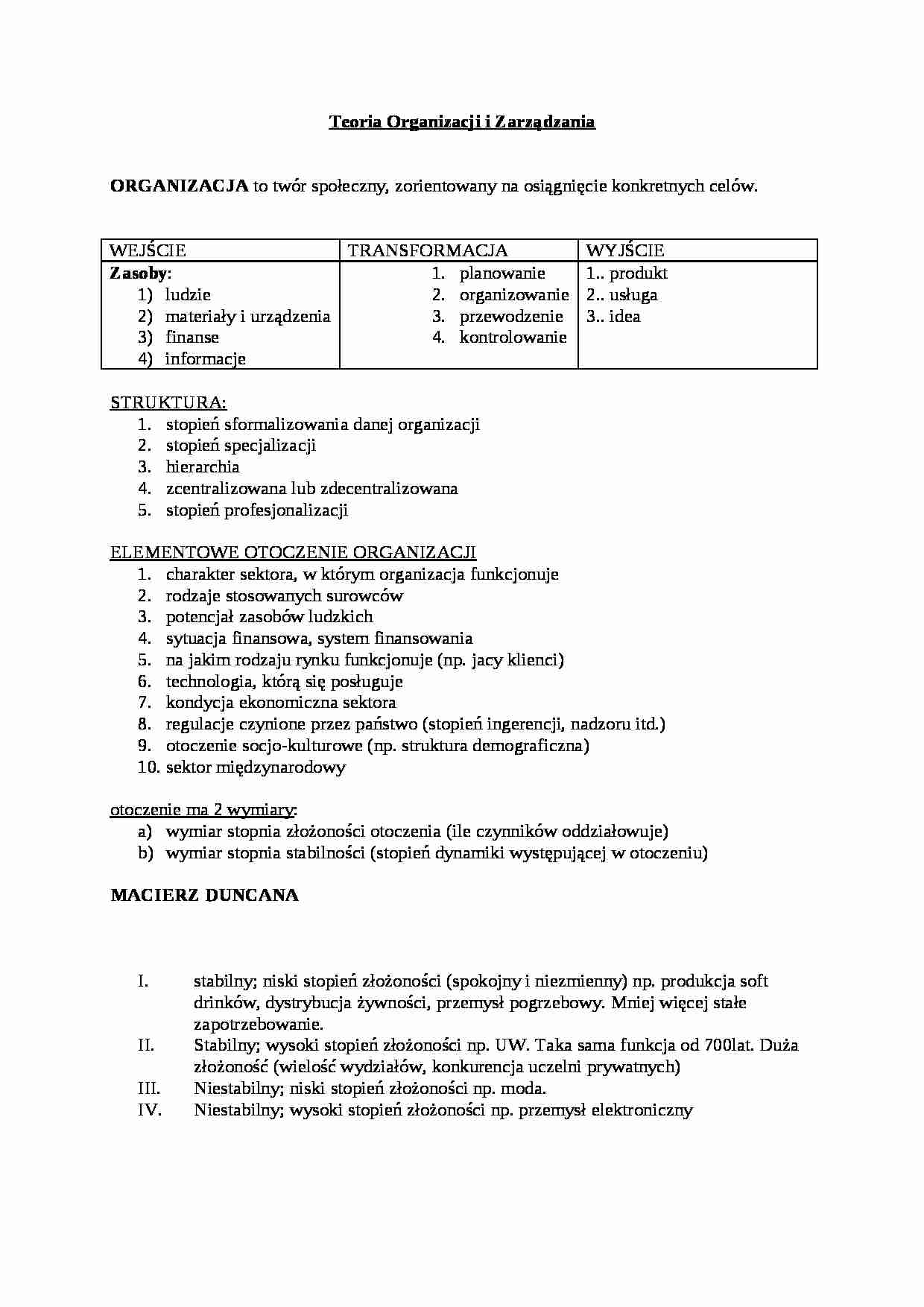 Teoria organizacji i zarządzania - opracowanie - strona 1