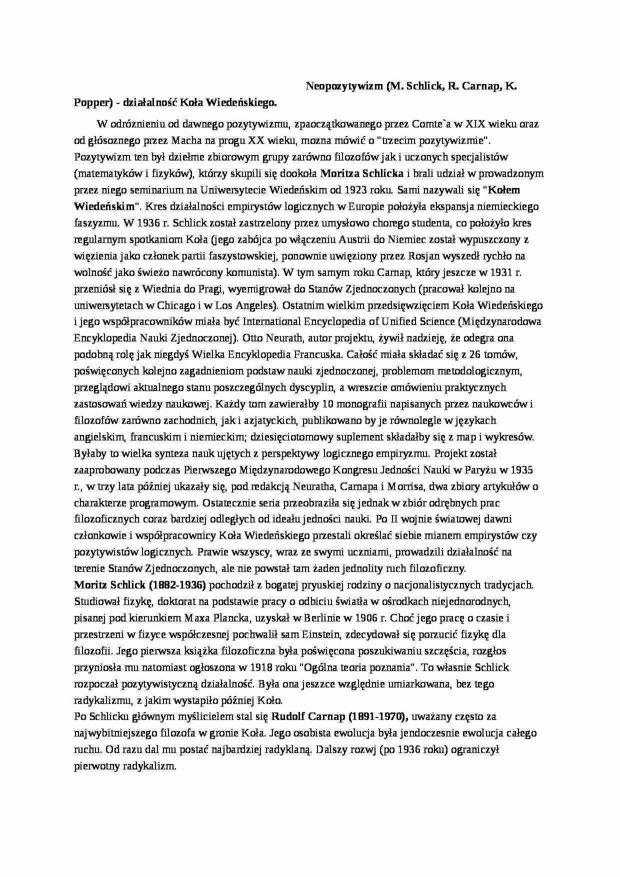 Neopozytywizm - działalność Koła Wiedeńskiego - strona 1