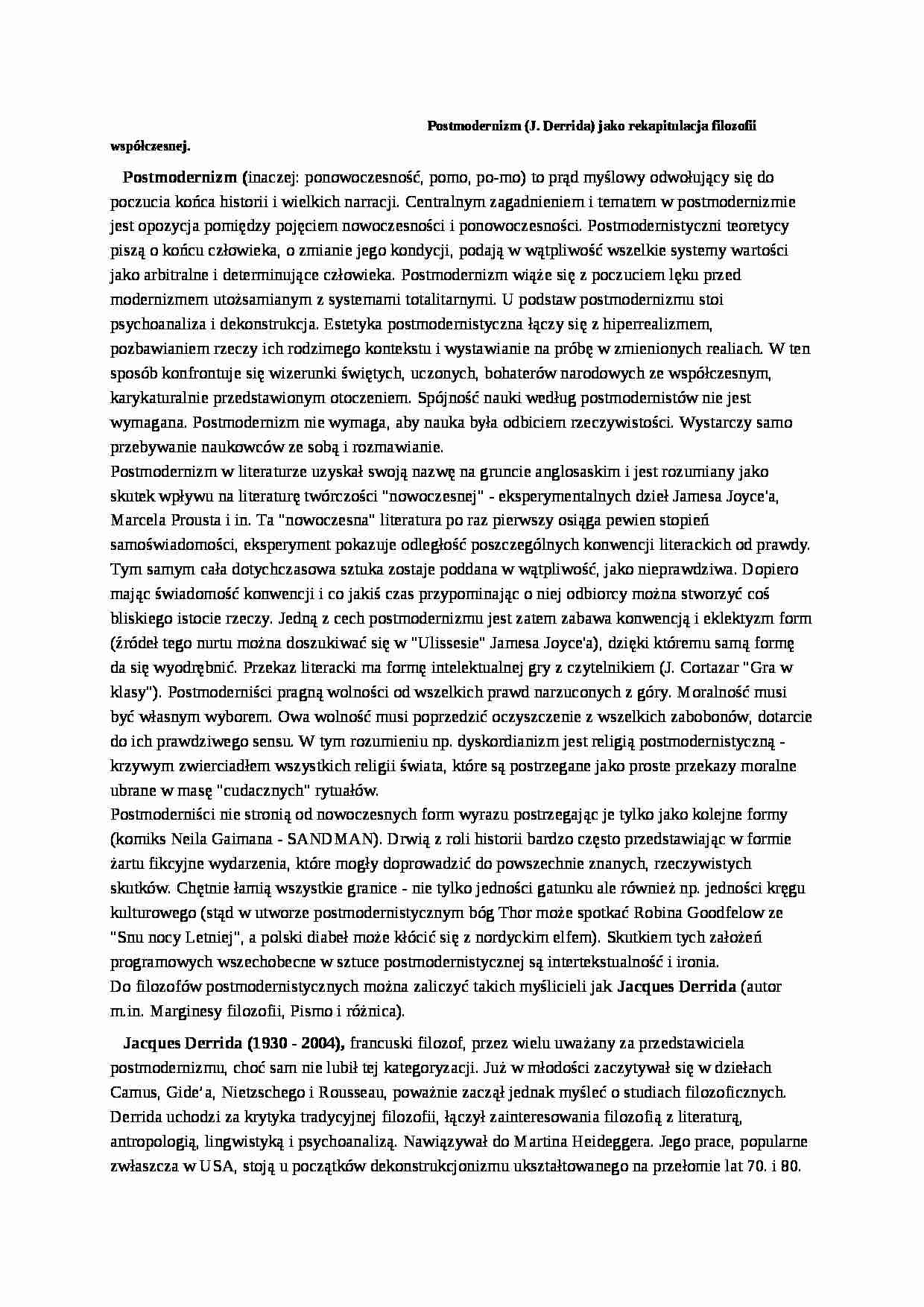 Postmodernizm jako rekapitulacja filozofii współczesnej. - strona 1