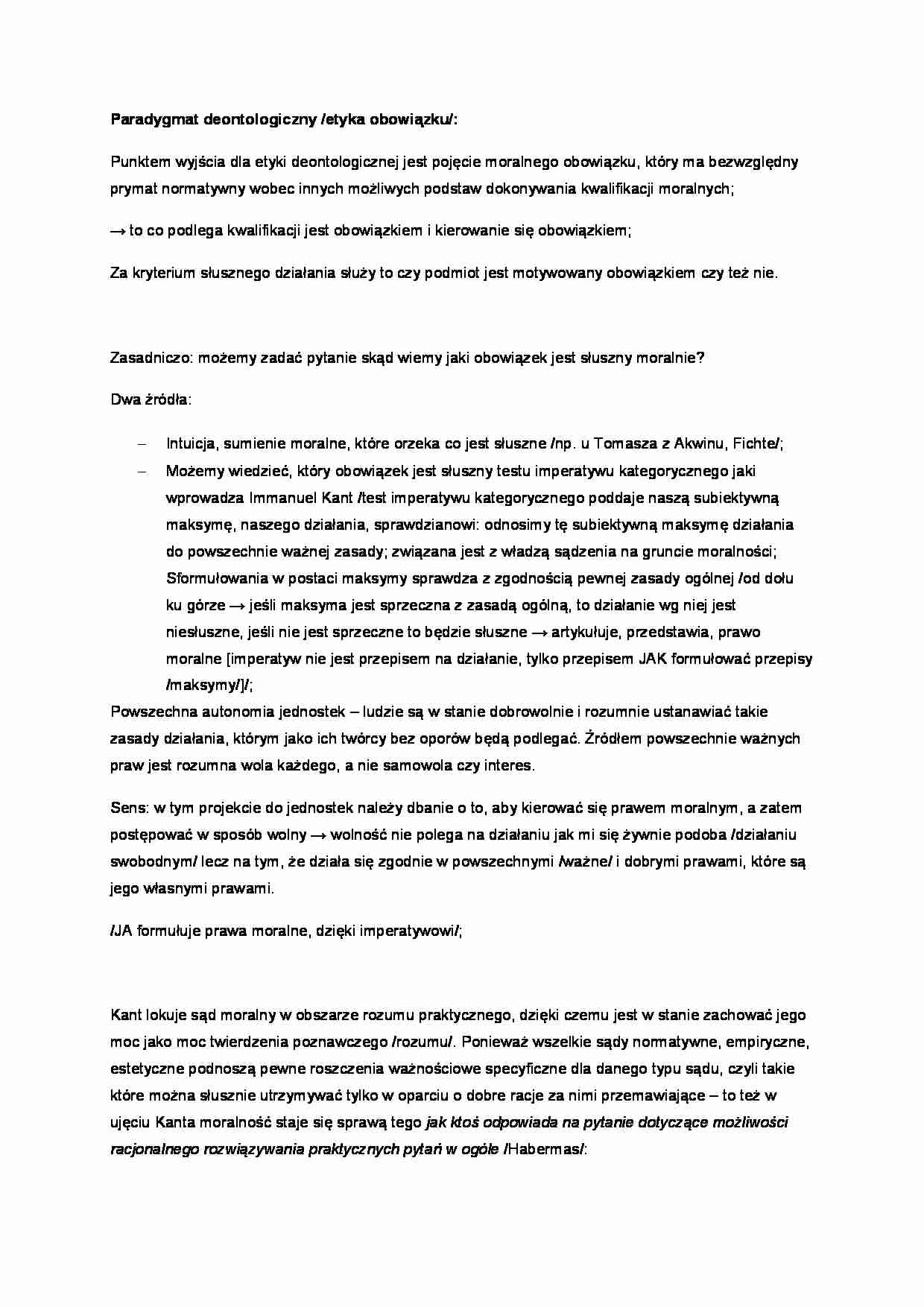 Paradygmat deontologiczny - etyka obowiązku  - strona 1
