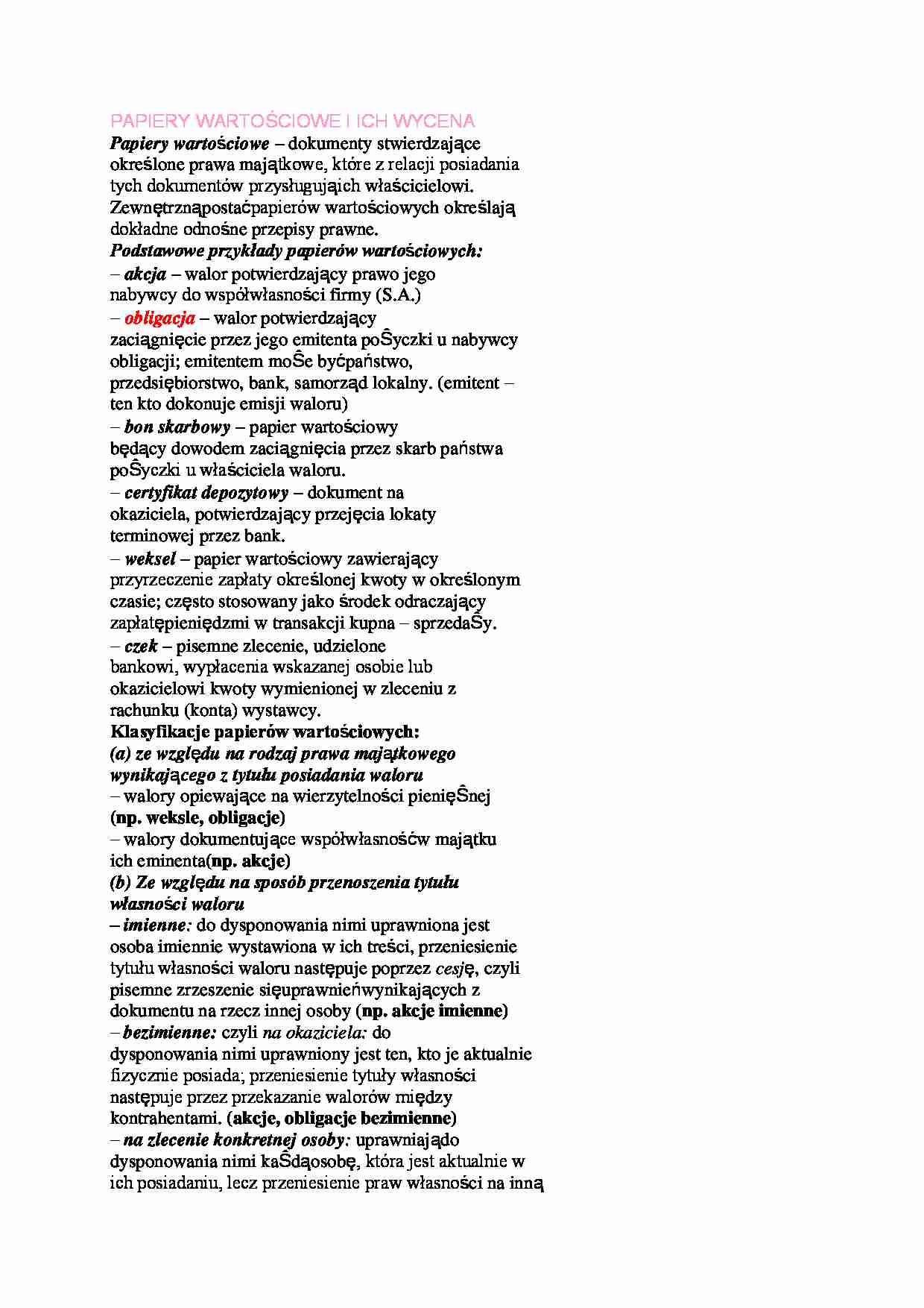Papiery wartościowe - klasyfikacja - strona 1