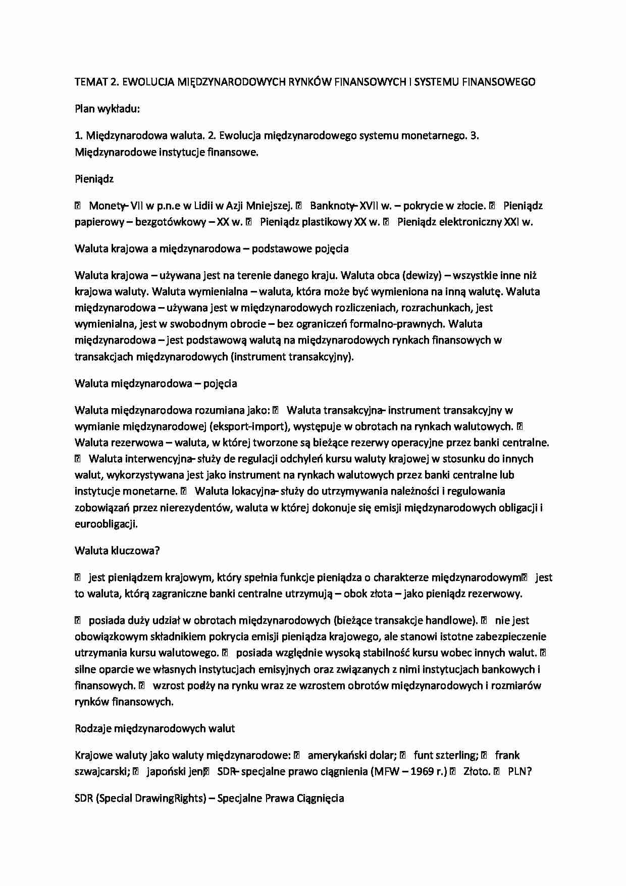 EWOLUCJA MIĘDZYNARODOWYCH RYNKÓW FINANSOWYCH I SYSTEMU FINANSOWEGO - strona 1
