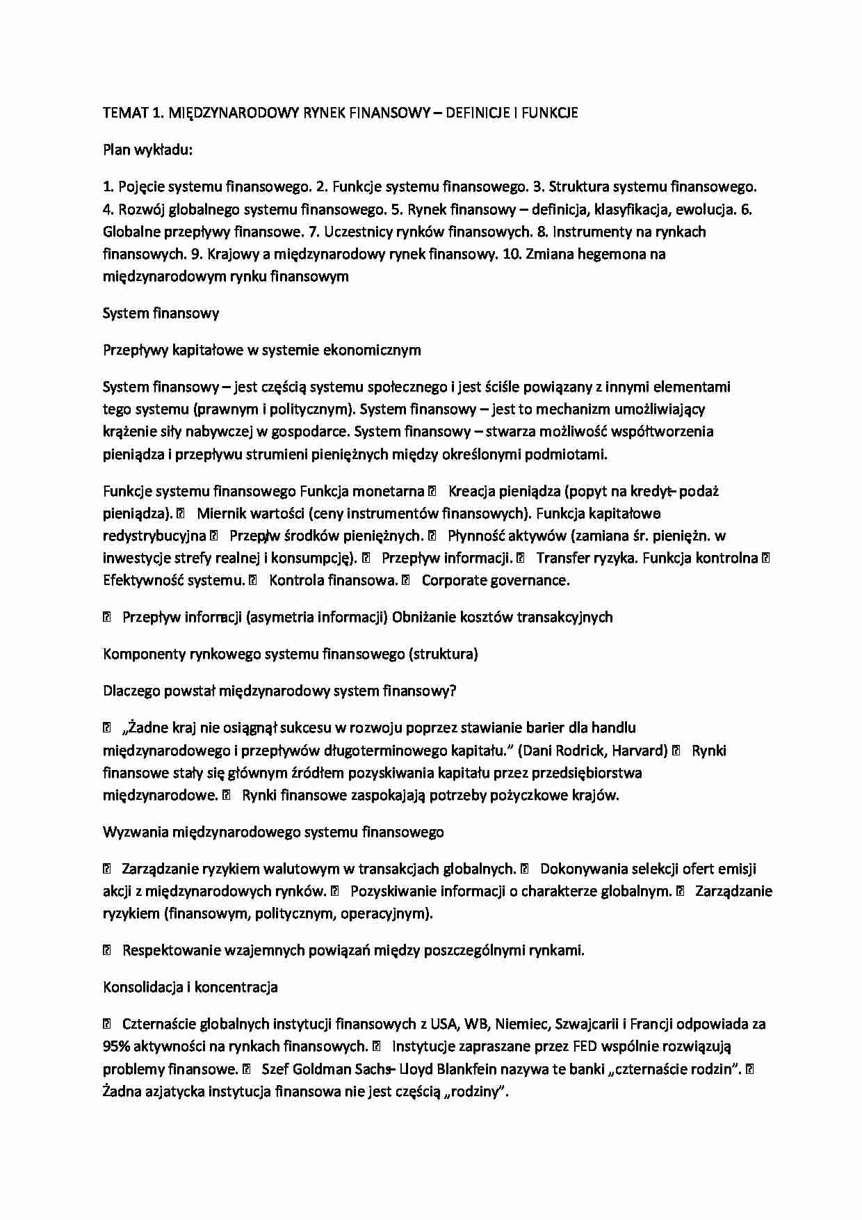 MIĘDZYNARODOWY RYNEK FINANSOWY  DEFINICJE I FUNKCJE - strona 1