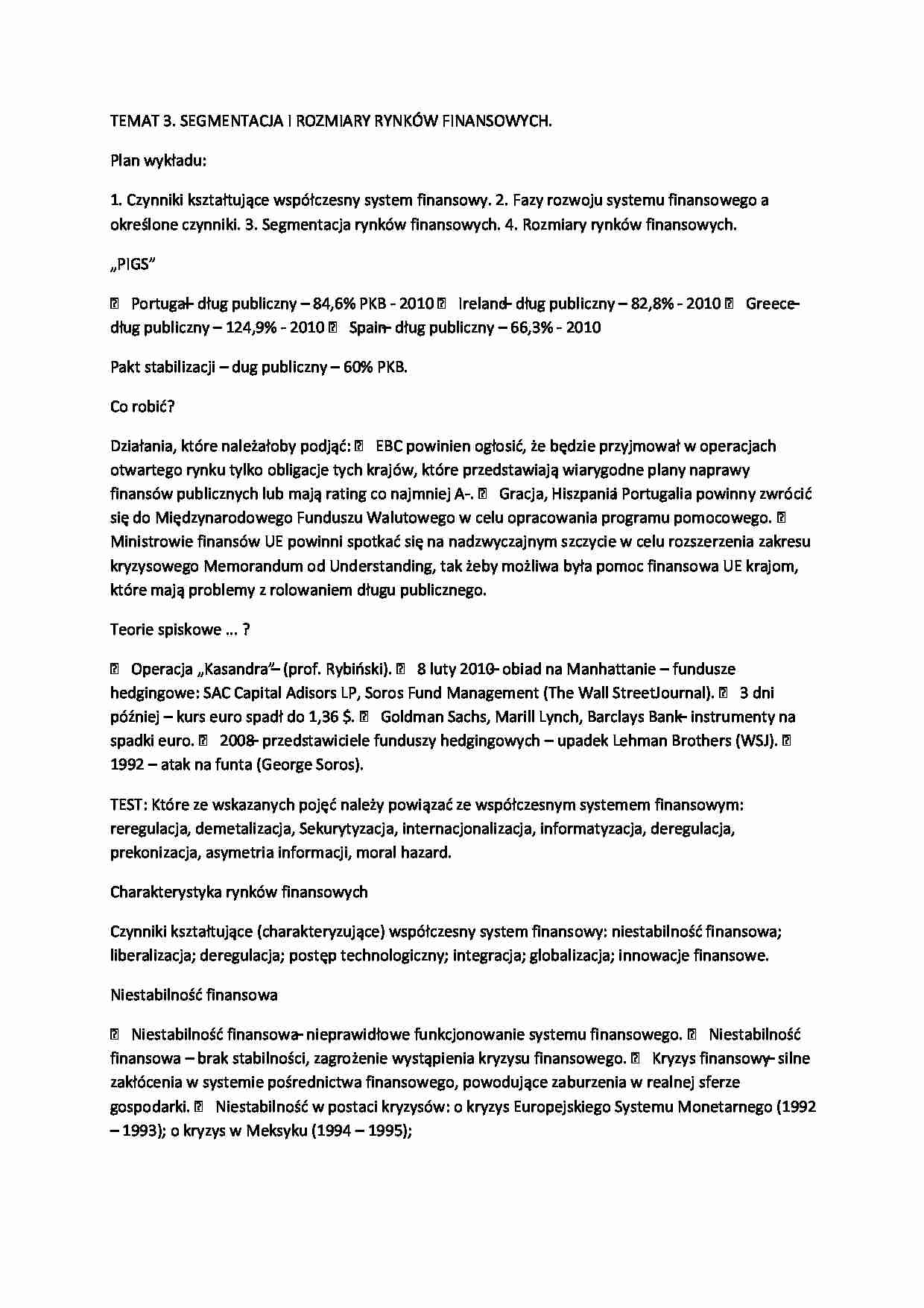 SEGMENTACJA I ROZMIARY RYNKóW FINANSOWYCH. - strona 1