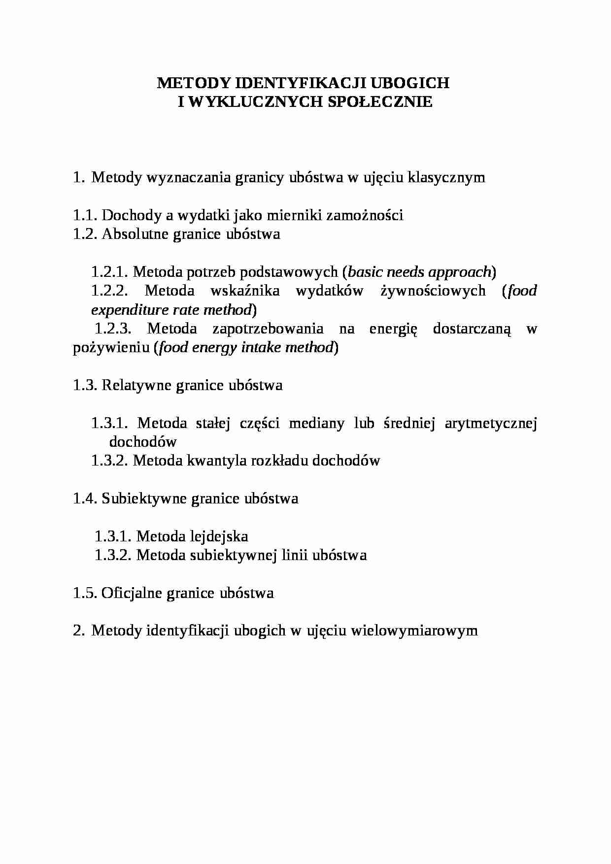 METODY IDENTYFIKACJI UBOGICH  I WYKLUCZNYCH SPOŁECZNIE - strona 1