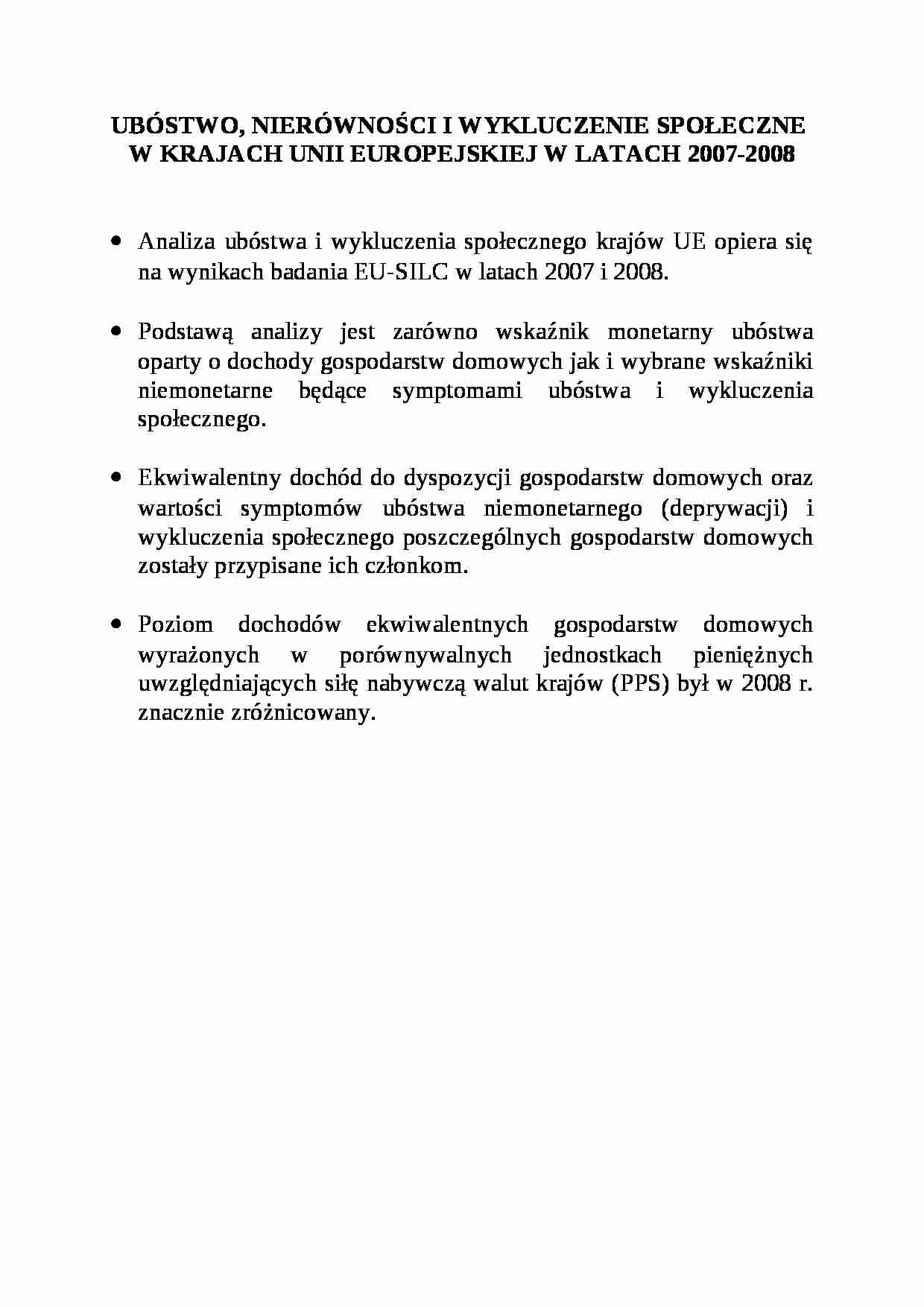 UBÓSTWO, NIERÓWNOŚCI I WYKLUCZENIE SPOŁECZNE  W KRAJACH UNII EUROPEJSKIEJ W LATACH 2007-2008 - strona 1