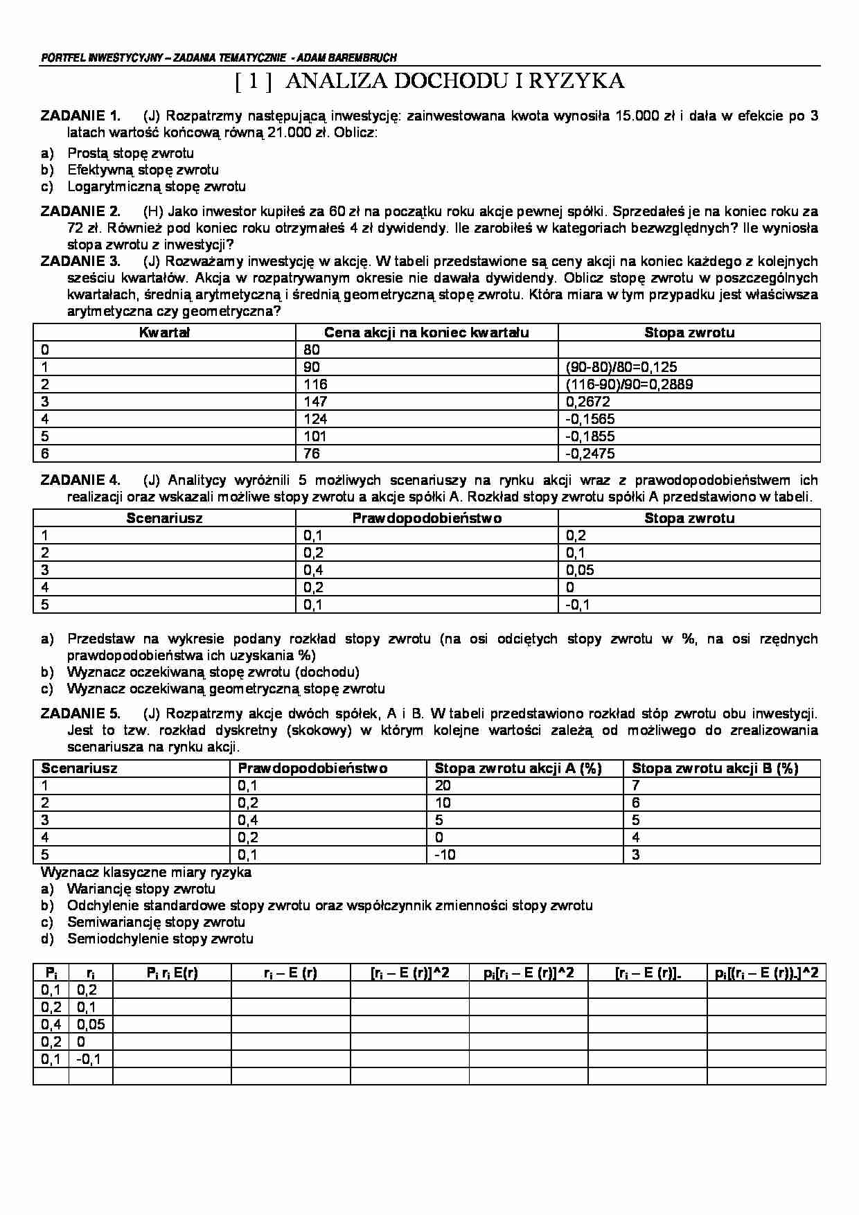 Analiza dochodu i ryzyka - strona 1